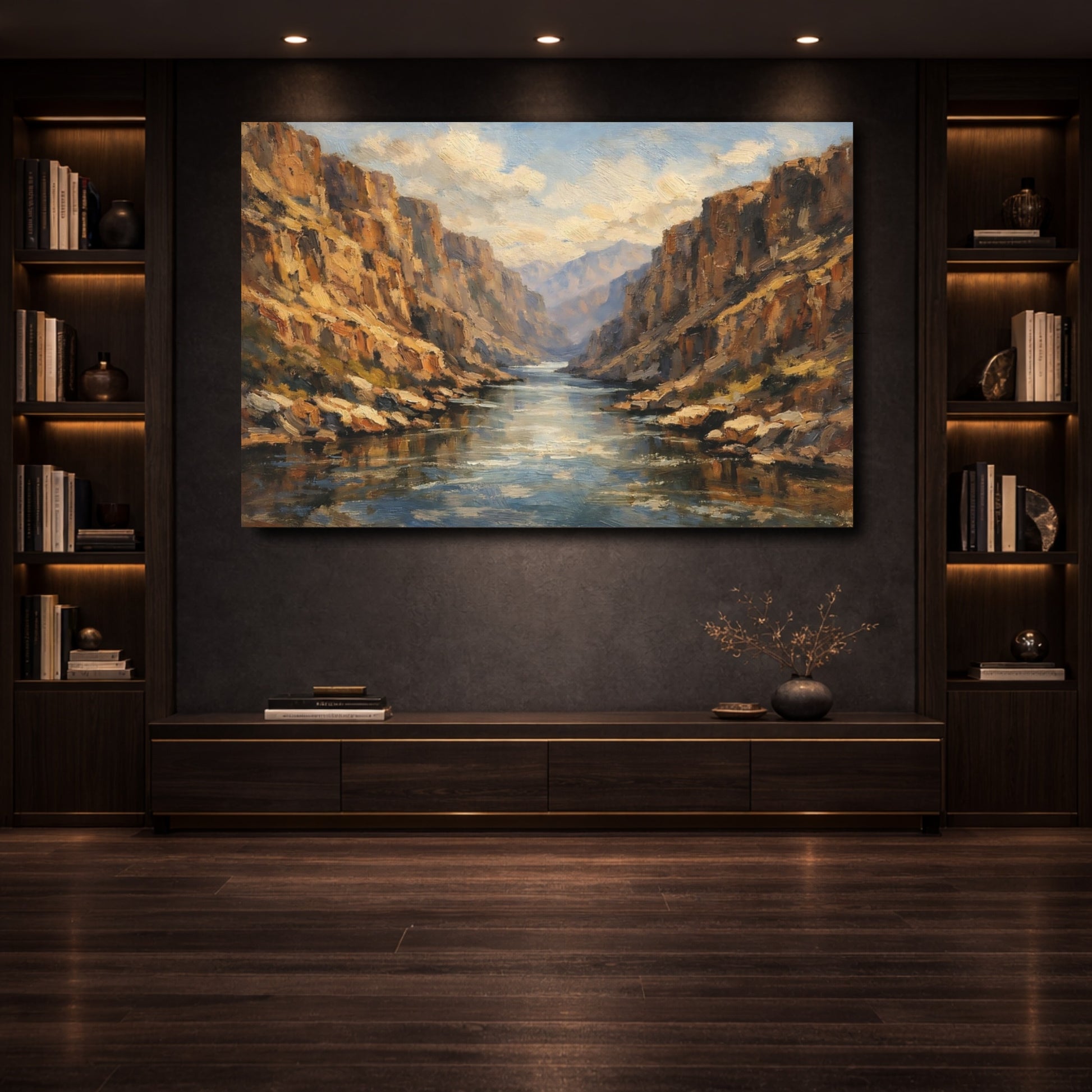 Mockup 3. Nature River Canyon Brown Blue Landscape shown as stretched canvas wall art