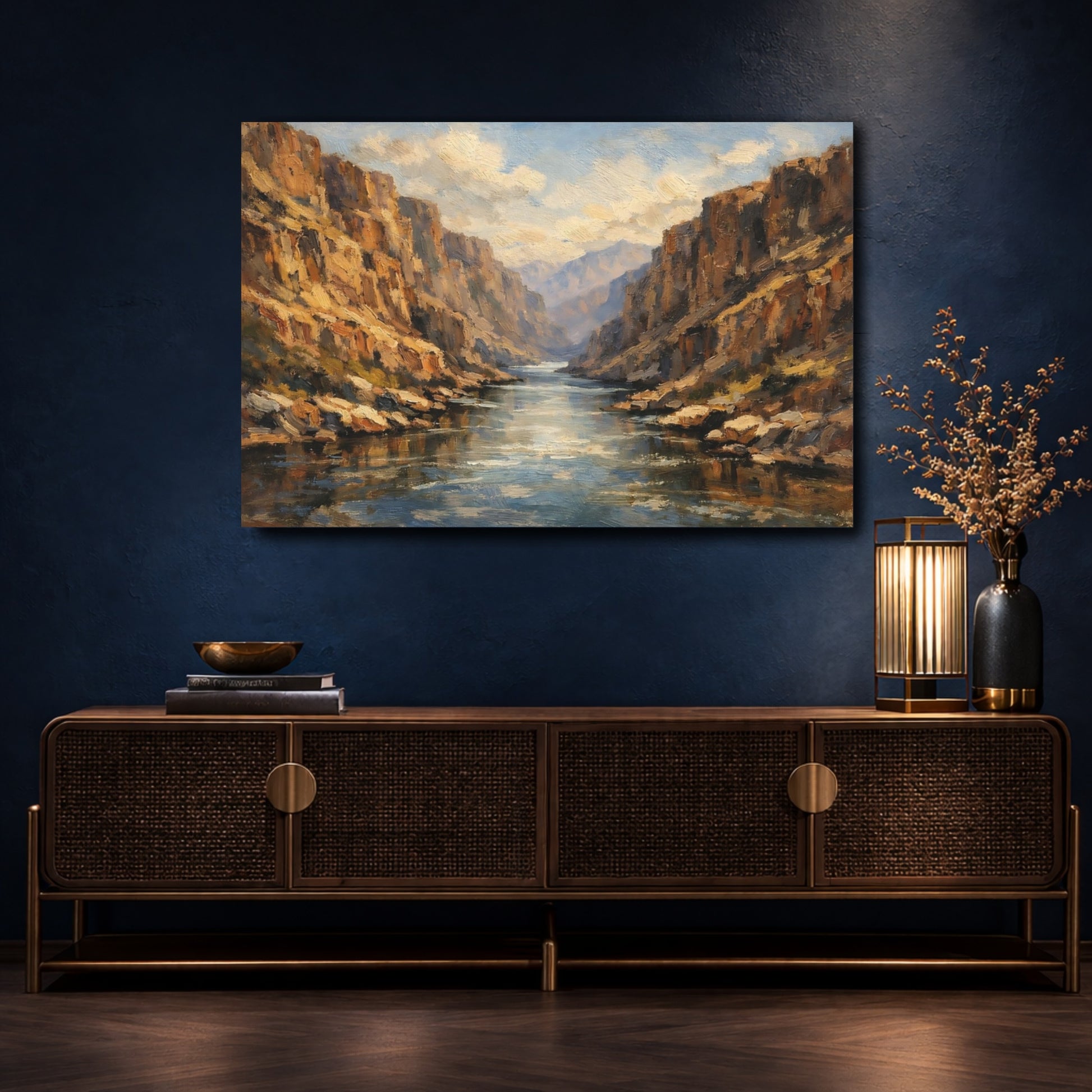 Mockup 4. Nature River Canyon Brown Blue Landscape shown as stretched canvas wall art