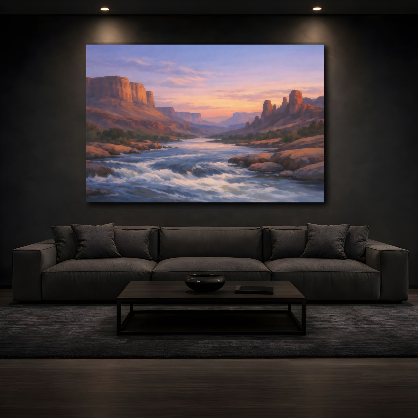 Mockup 2. Nature River Canyon Desert River Sunset shown as stretched canvas wall art
