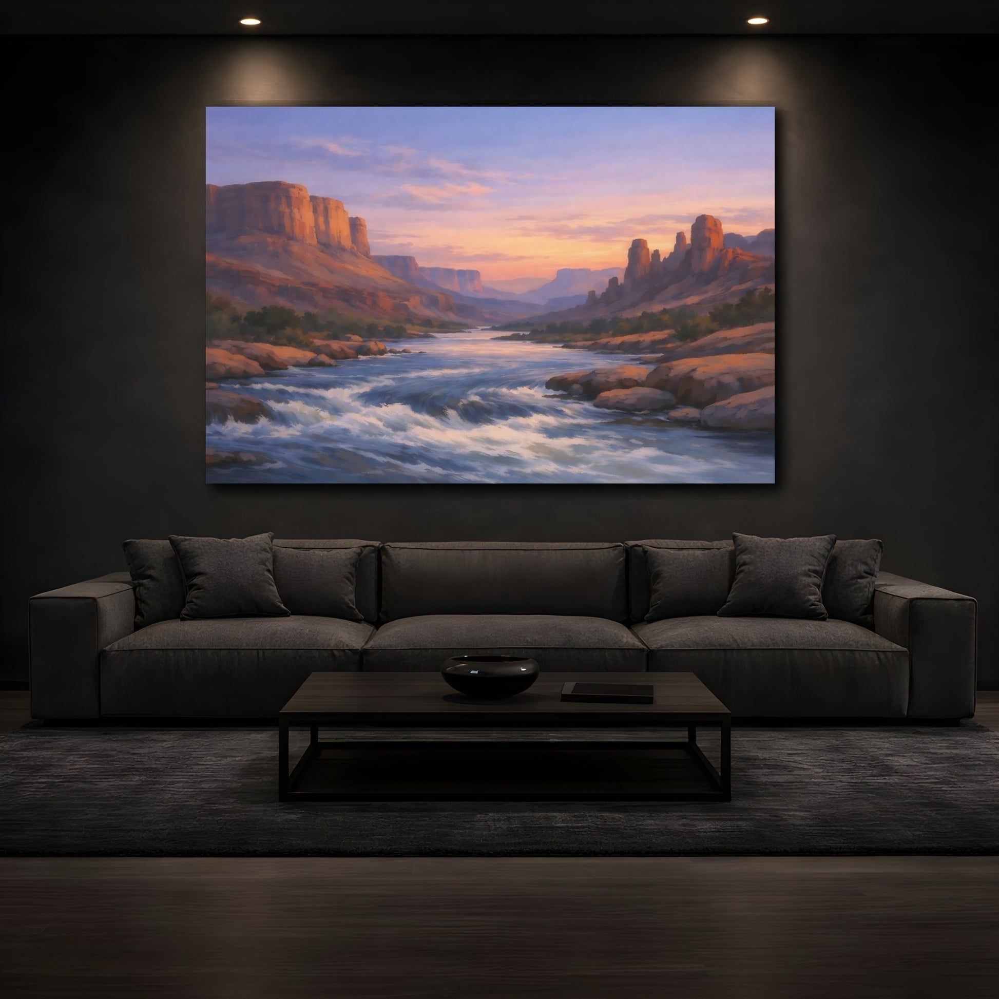 Mockup 2. Nature River Canyon Desert River Sunset shown as stretched canvas wall art