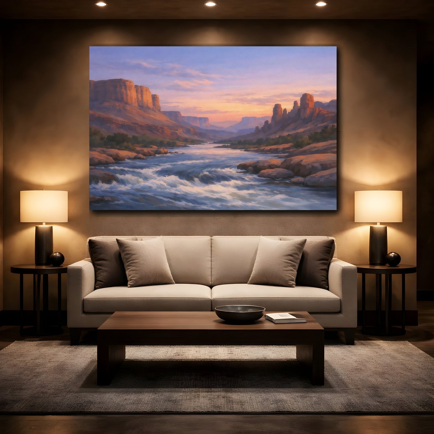 Mockup 3. Nature River Canyon Desert River Sunset shown as stretched canvas wall art