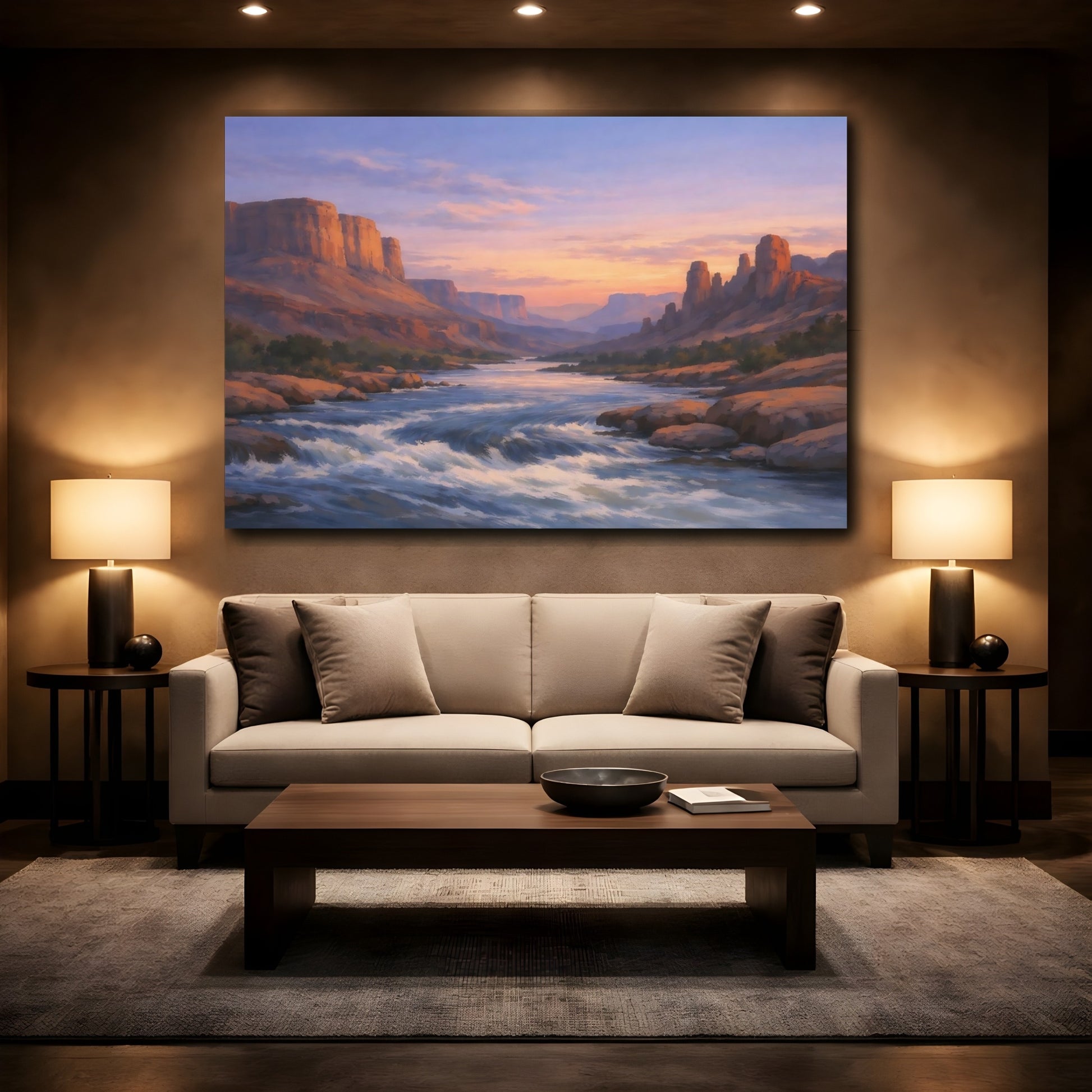 Mockup 3. Nature River Canyon Desert River Sunset shown as stretched canvas wall art