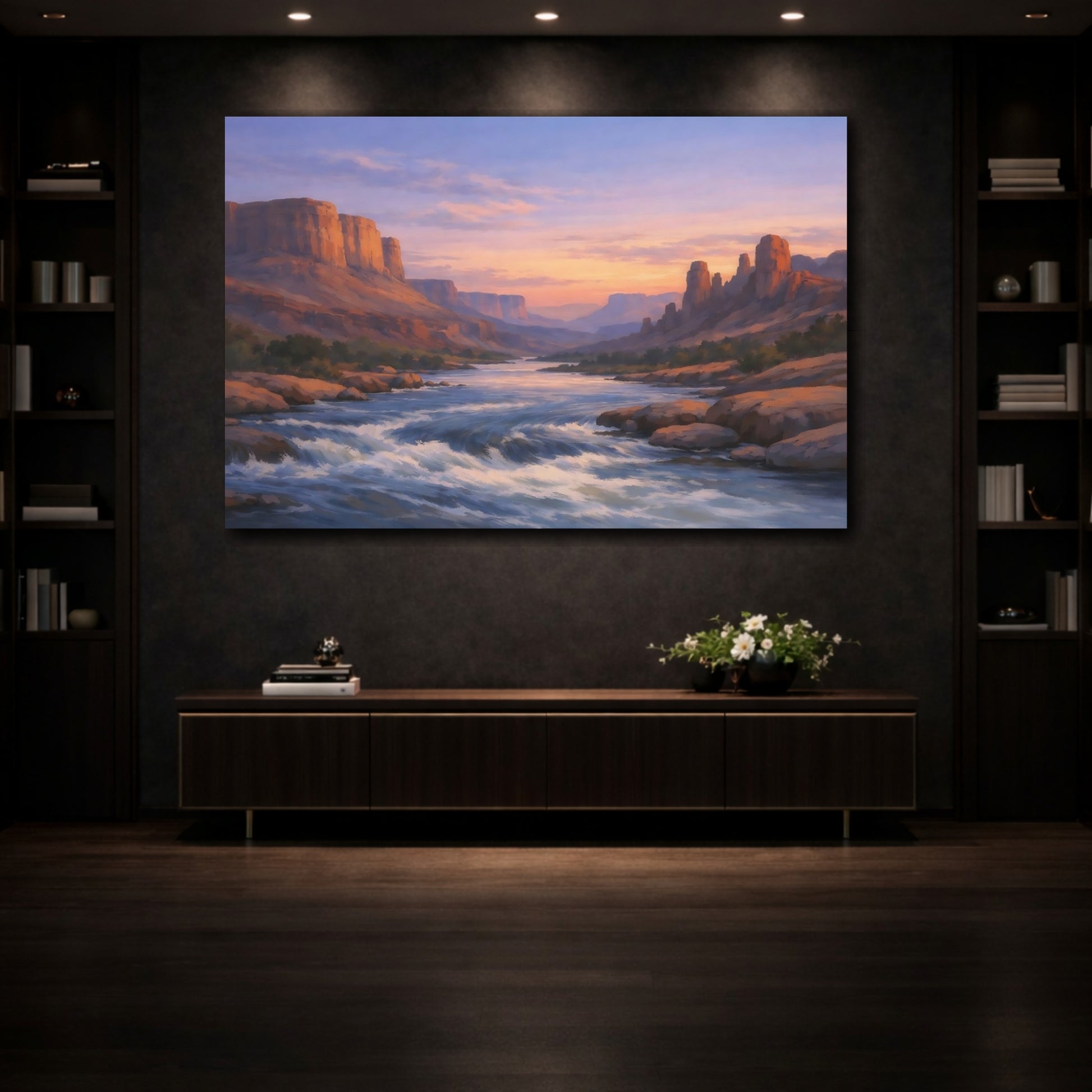 Mockup 4. Nature River Canyon Desert River Sunset shown as stretched canvas wall art