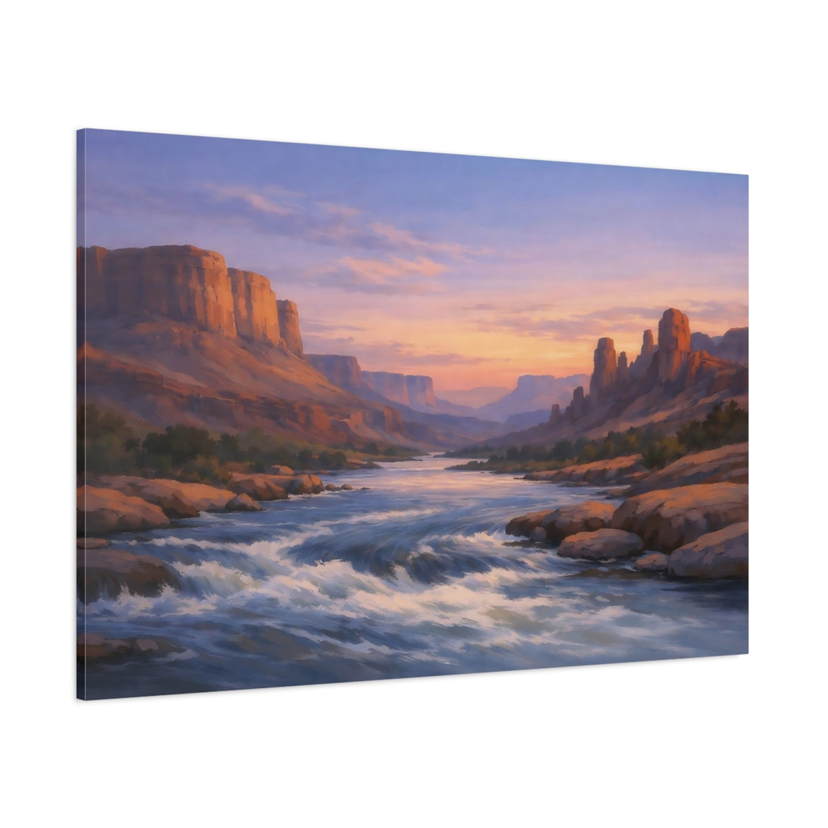 Side Mockup 1. Nature River Canyon Desert River Sunset shown as stretched canvas wall art