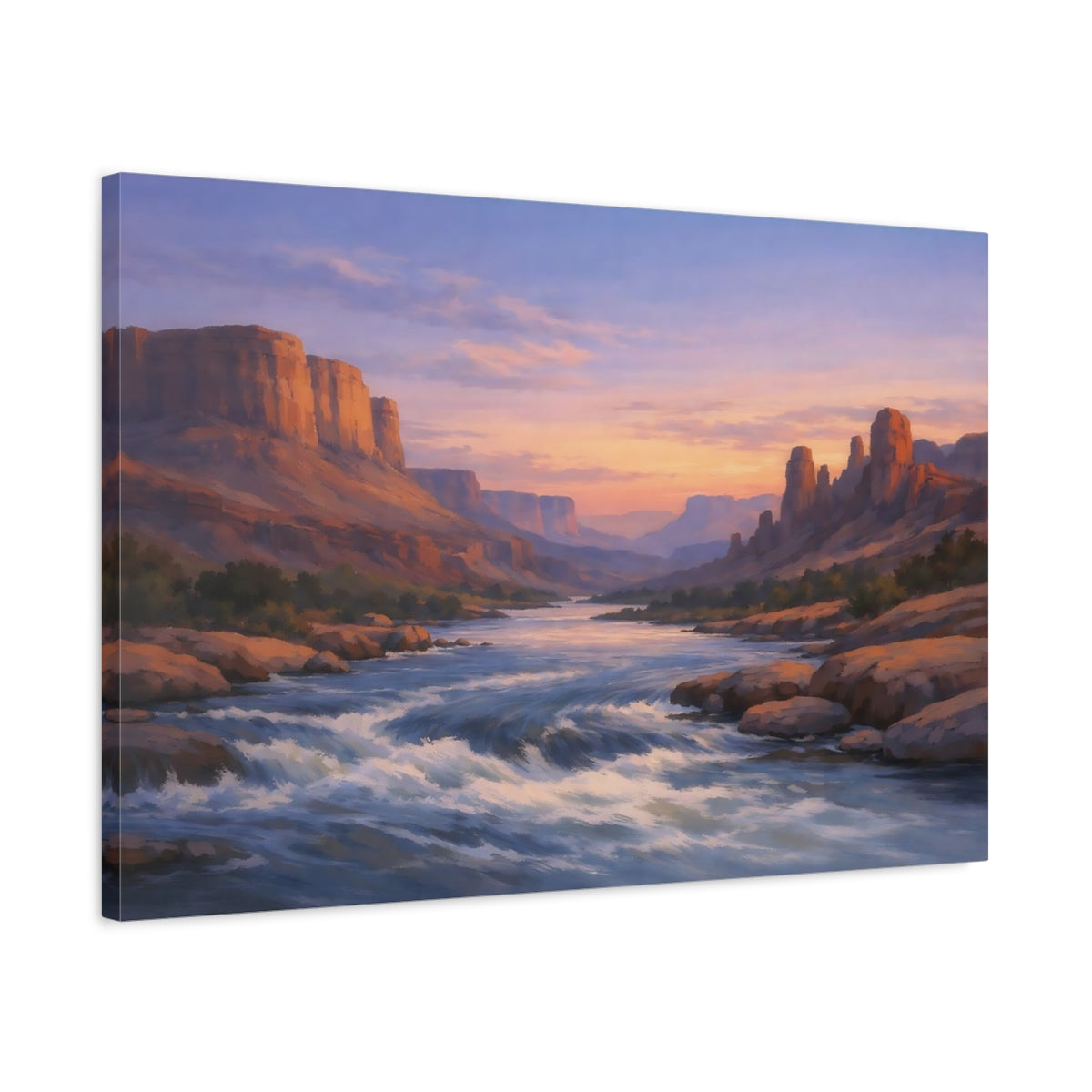 Side Mockup 2. Nature River Canyon Desert River Sunset shown as stretched canvas wall art