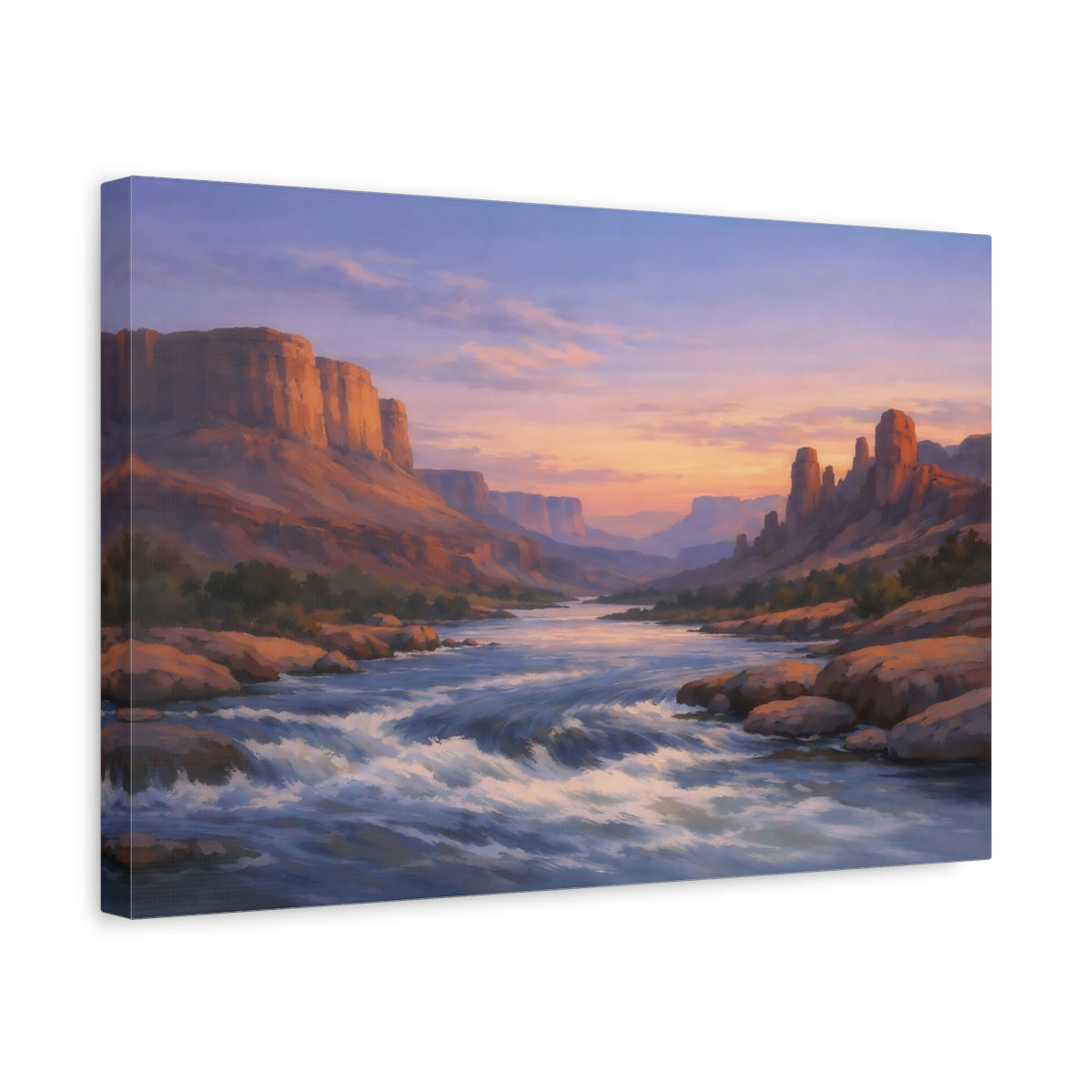 Side Mockup 4. Nature River Canyon Desert River Sunset shown as stretched canvas wall art