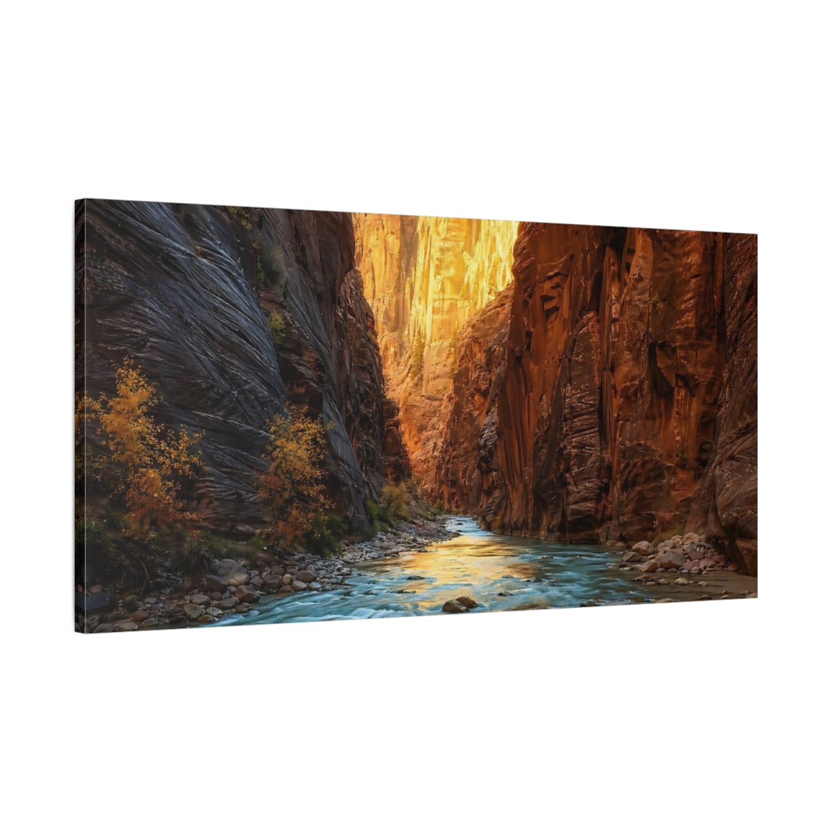 Main Mockup. Nature River Canyon Orange And Blue shown as stretched canvas wall art