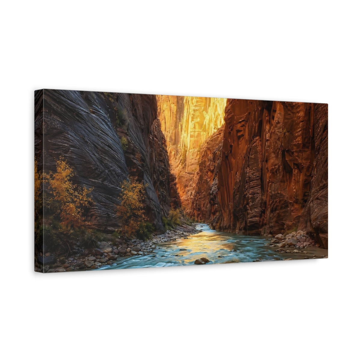 Side Mockup 3. Nature River Canyon Orange And Blue shown as stretched canvas wall art