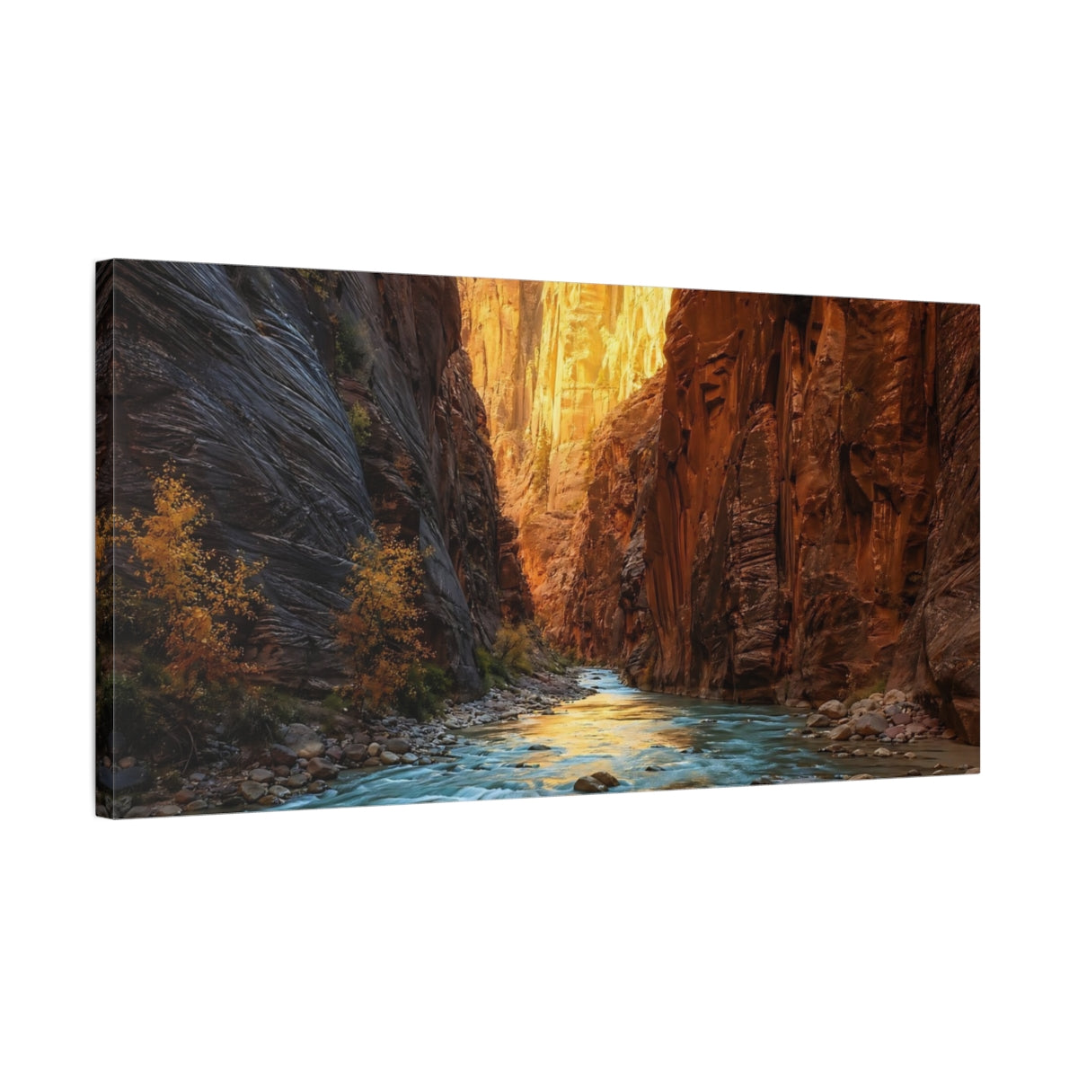 Side Mockup 1. Nature River Canyon Orange And Blue shown as stretched canvas wall art