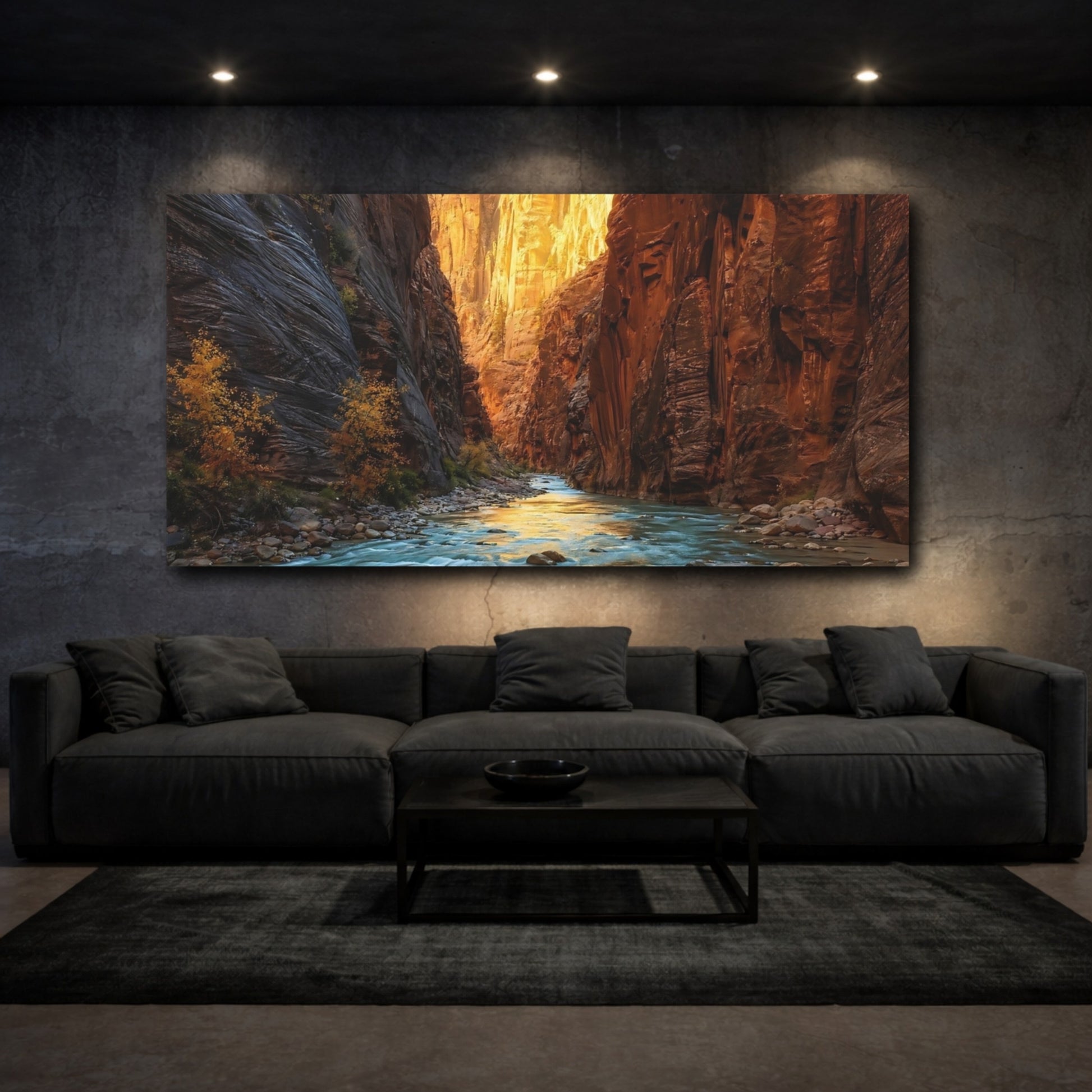 Mockup 2. Nature River Canyon Orange And Blue shown as stretched canvas wall art