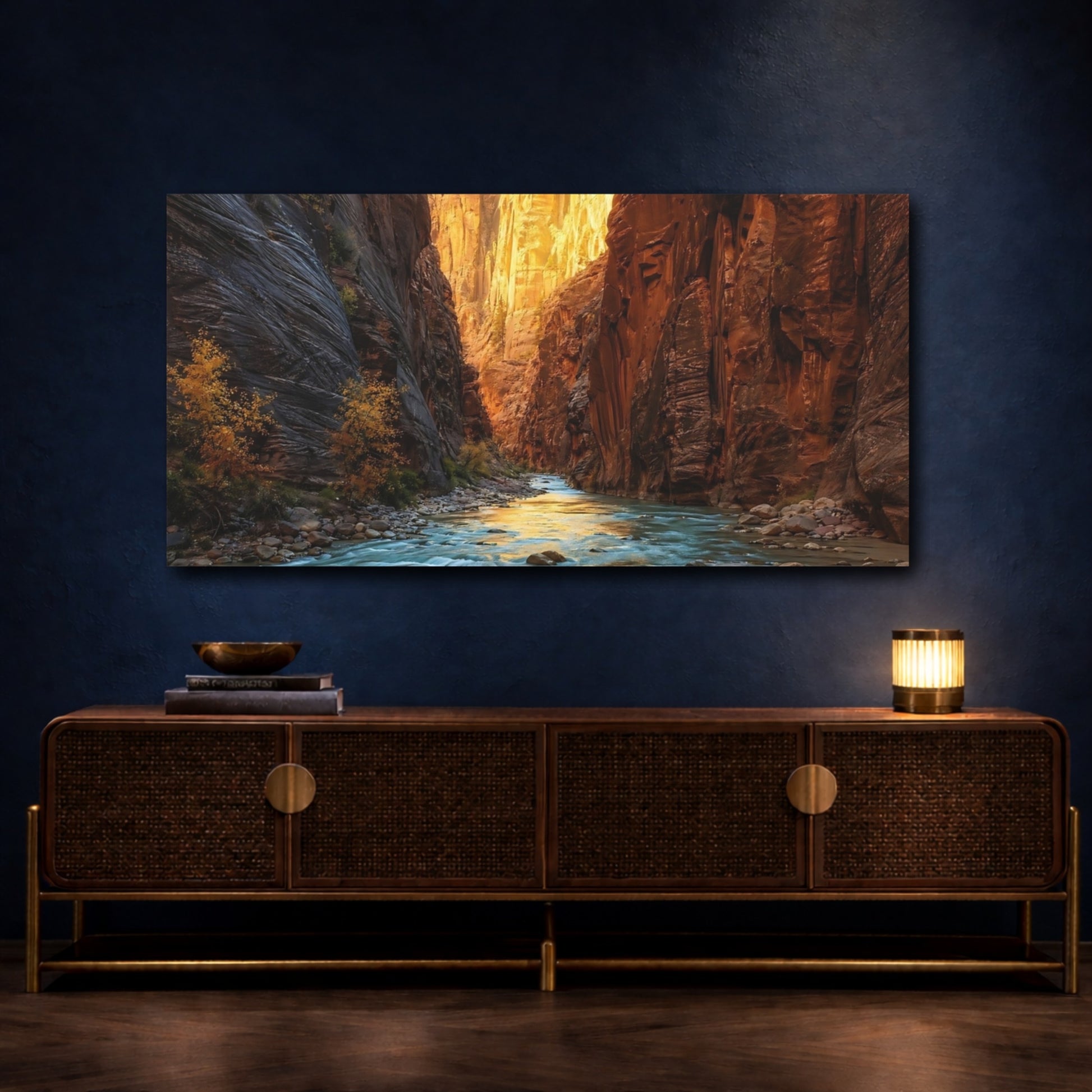 Mockup 4. Nature River Canyon Orange And Blue shown as stretched canvas wall art
