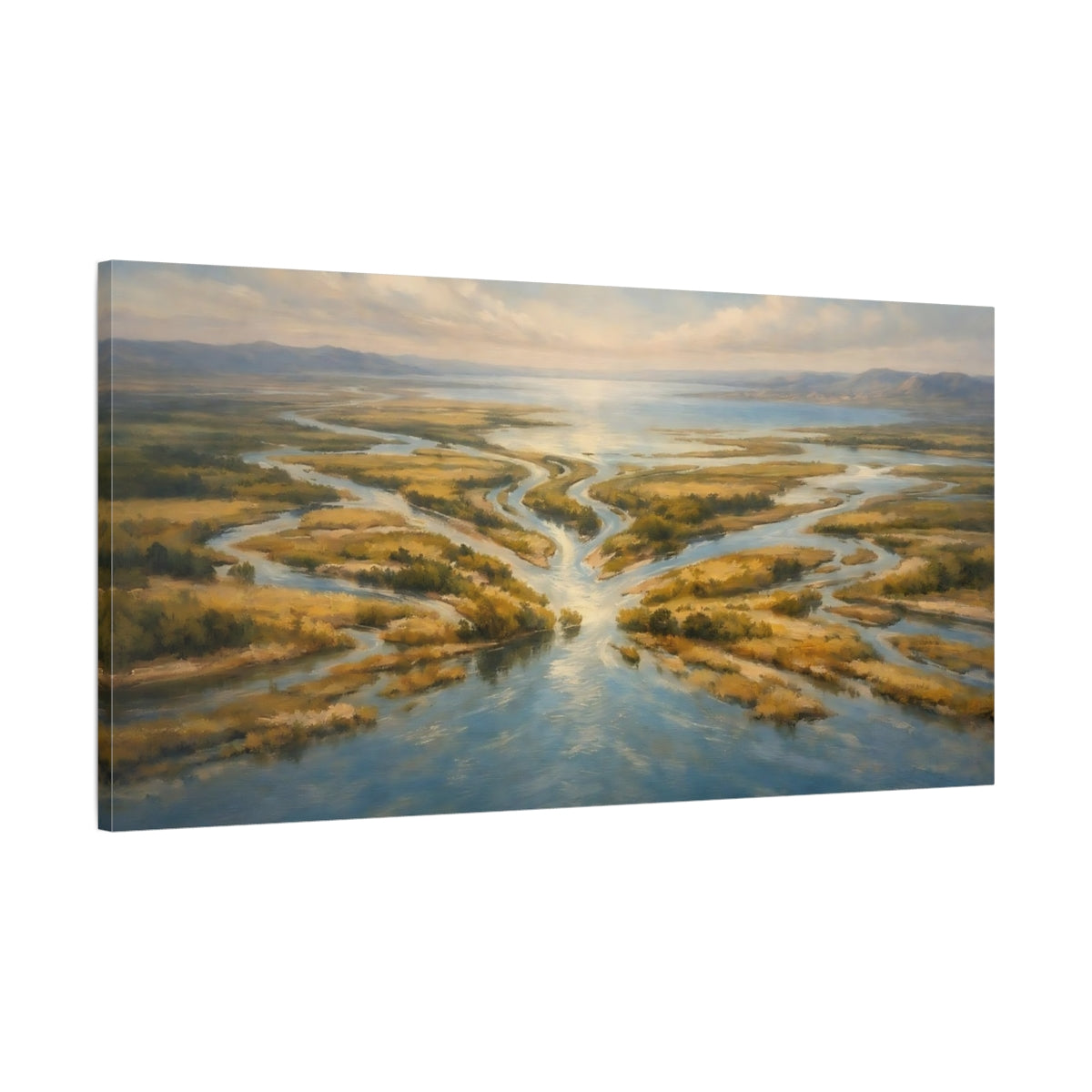 Side Mockup 1. Nature River Delta Blue And Gold River shown as stretched canvas wall art