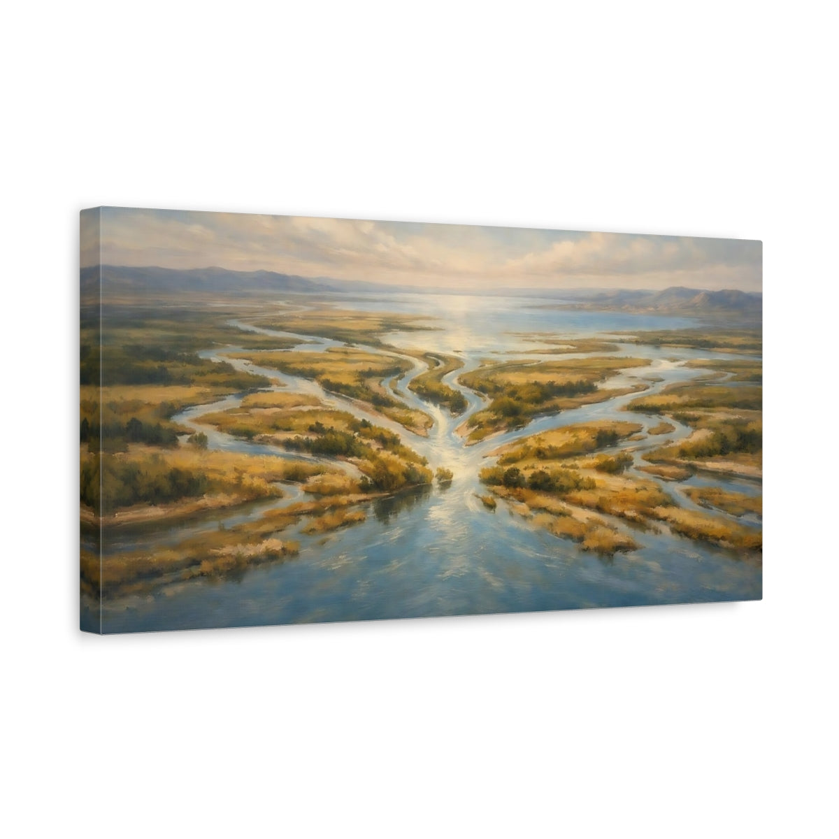 Side Mockup 3. Nature River Delta Blue And Gold River shown as stretched canvas wall art