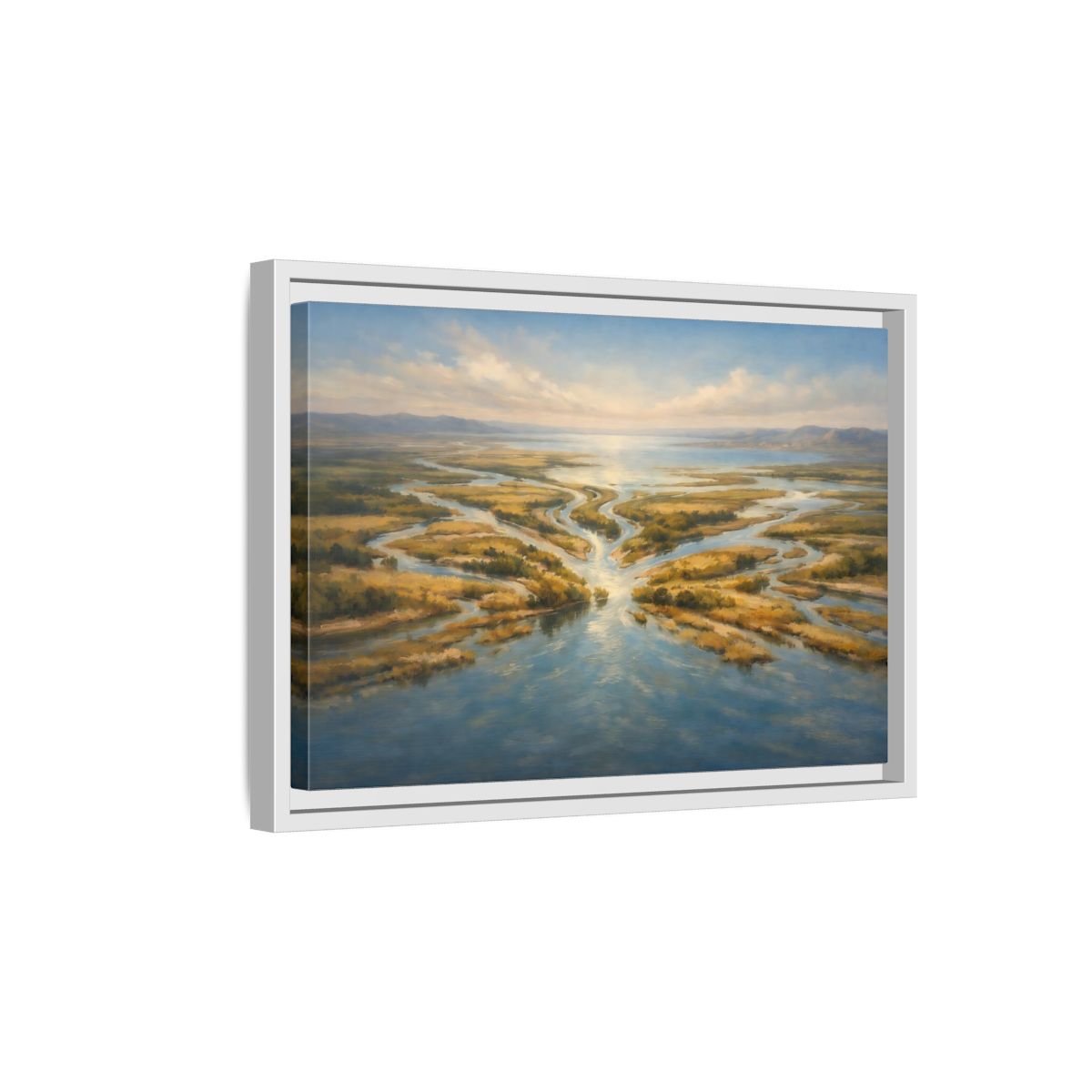 Side Mockup 4. Nature River Delta Blue And Gold shown as stretched canvas wall art