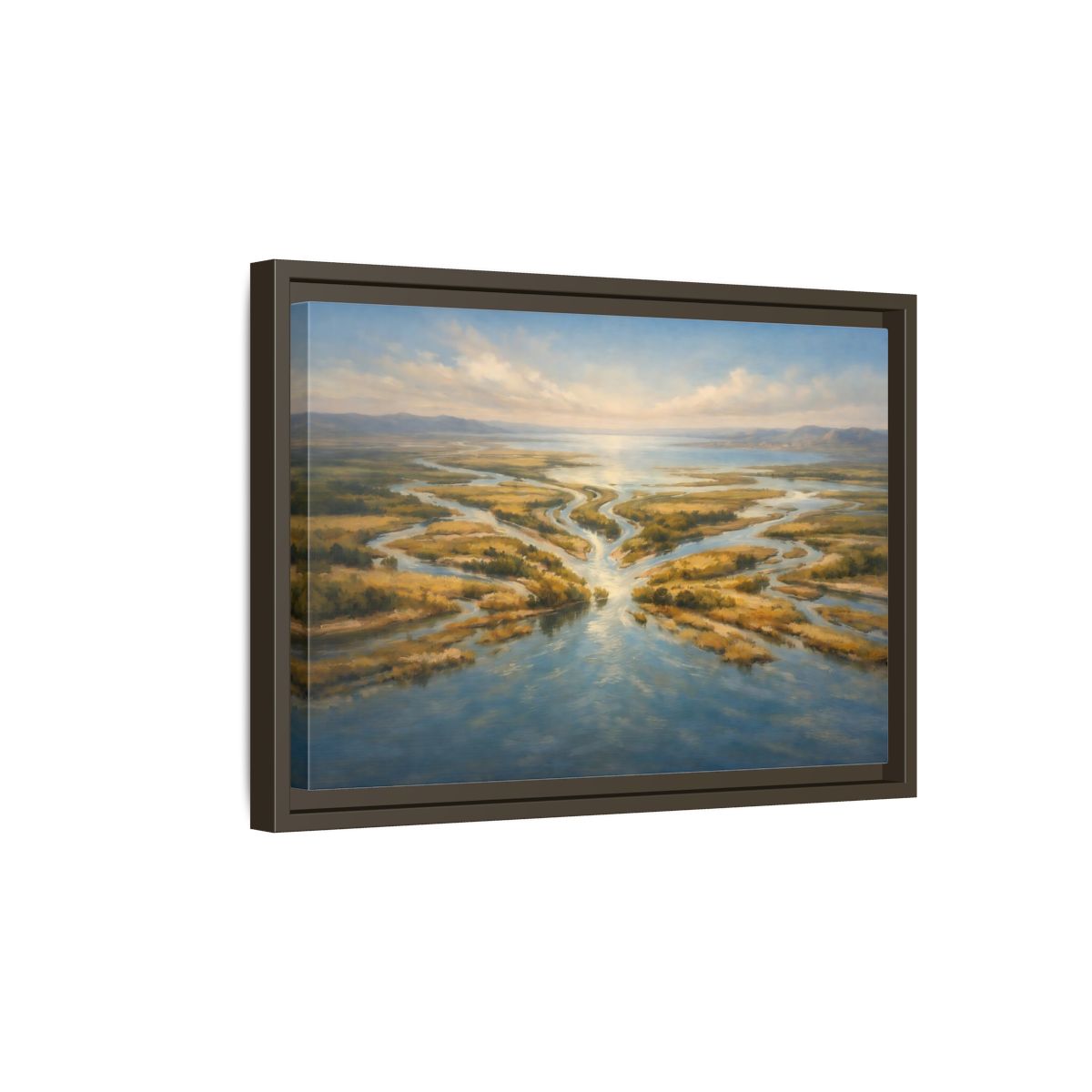 Side Mockup 5. Nature River Delta Blue And Gold shown as stretched canvas wall art