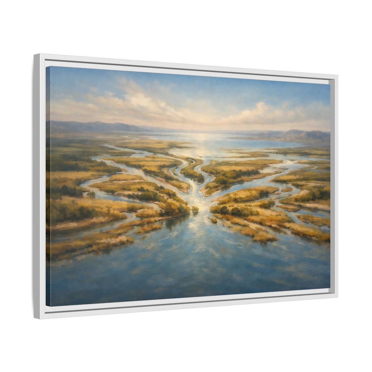 Side Mockup 10. Nature River Delta Blue And Gold shown as stretched canvas wall art