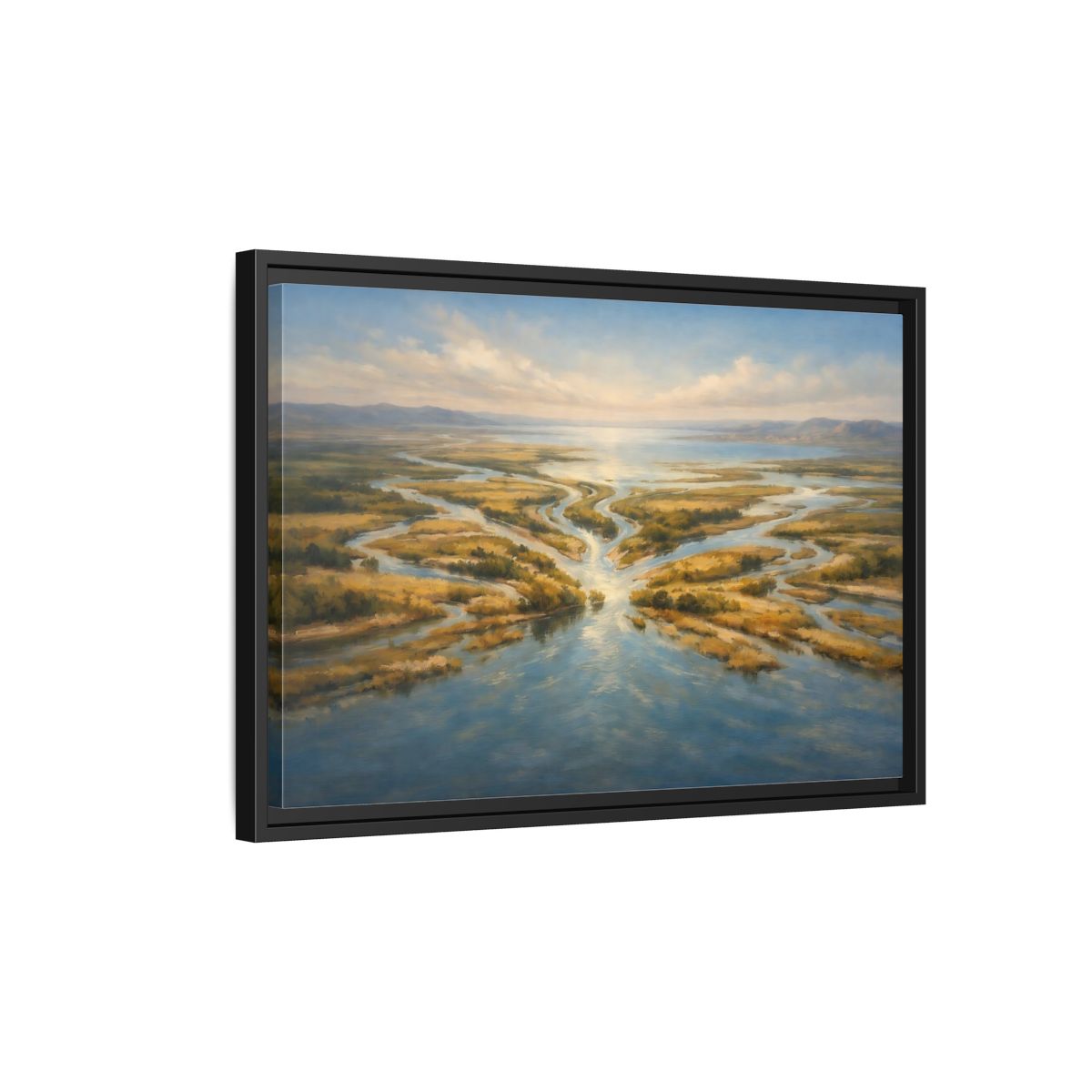 Side Mockup 3. Nature River Delta Blue And Gold shown as stretched canvas wall art