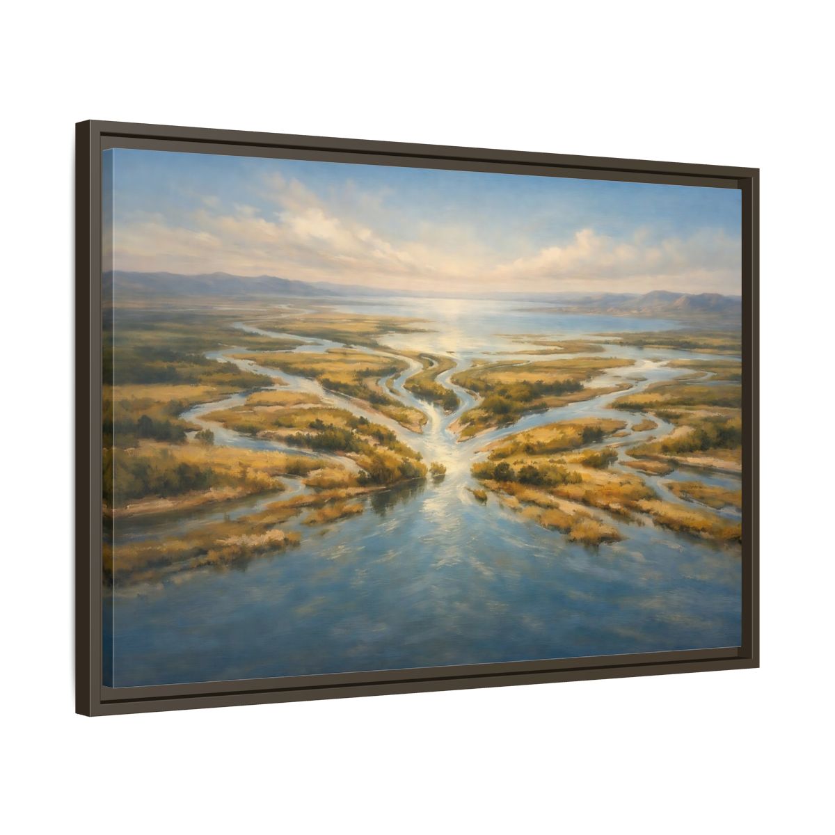 Side Mockup 11. Nature River Delta Blue And Gold shown as stretched canvas wall art