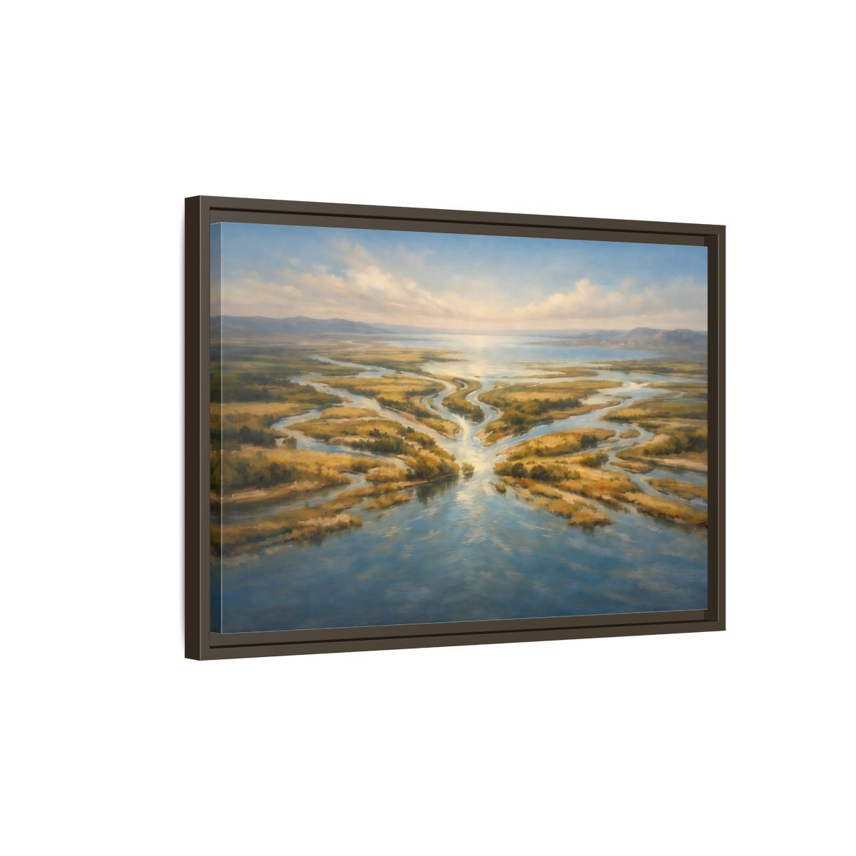 Side Mockup 2. Nature River Delta Blue And Gold shown as stretched canvas wall art