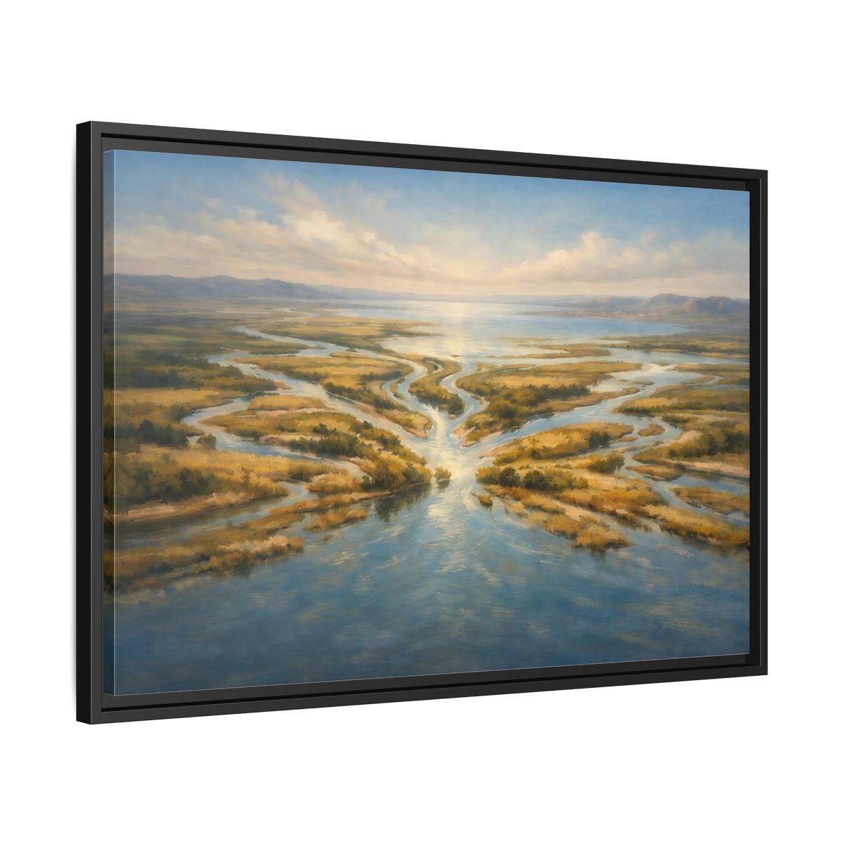 Side Mockup 14. Nature River Delta Blue And Gold shown as stretched canvas wall art