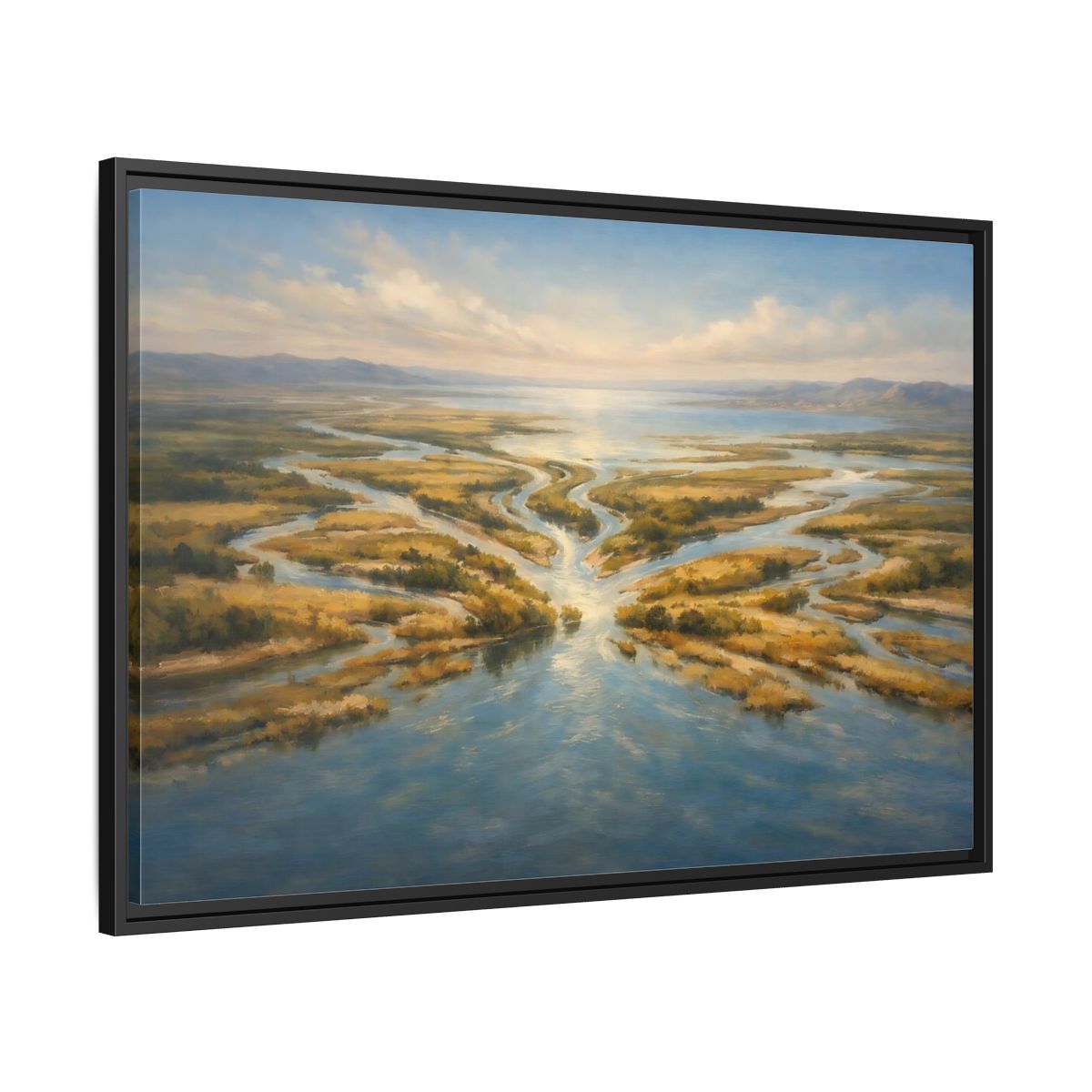 Side Mockup 13. Nature River Delta Blue And Gold shown as stretched canvas wall art