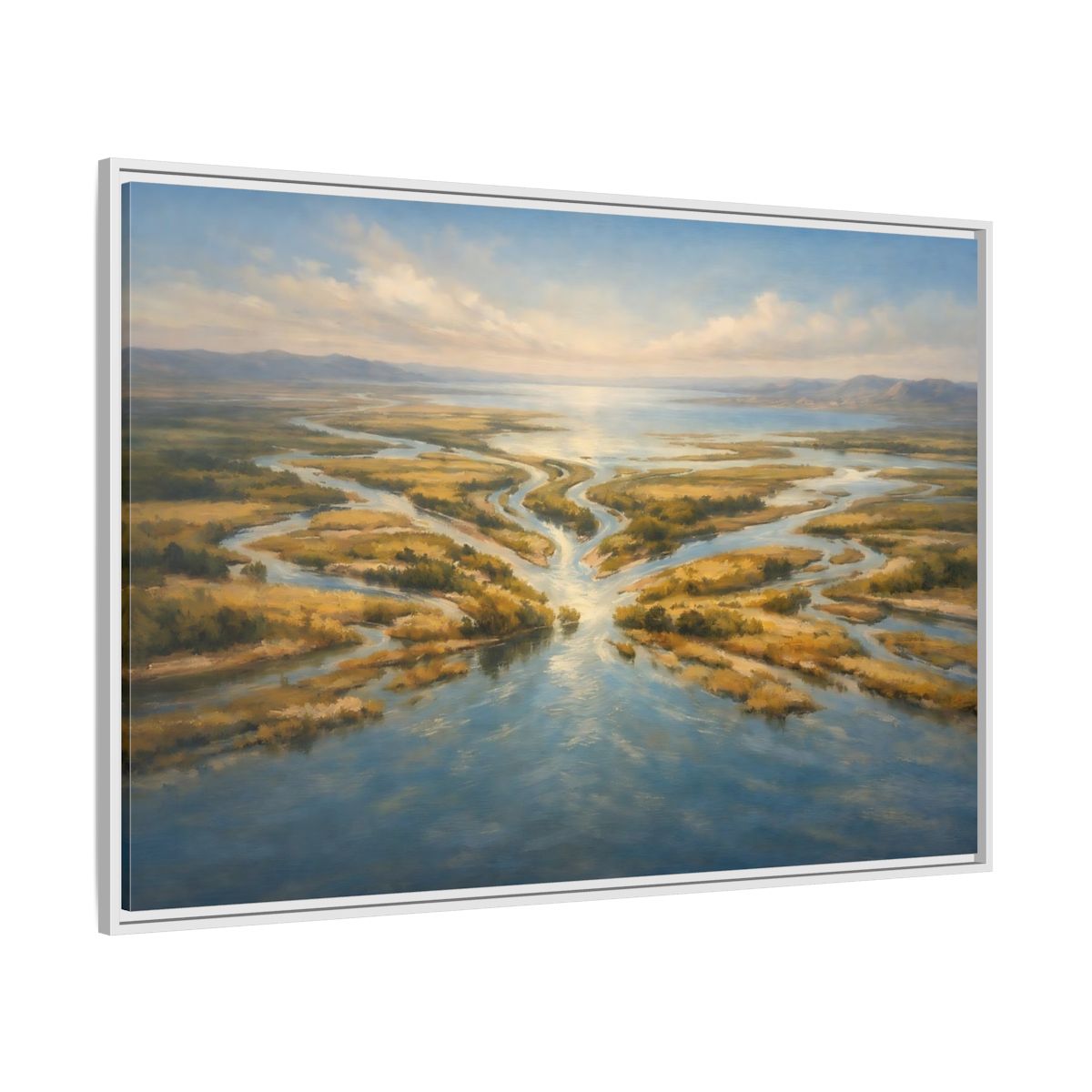 Side Mockup 7. Nature River Delta Blue And Gold shown as stretched canvas wall art