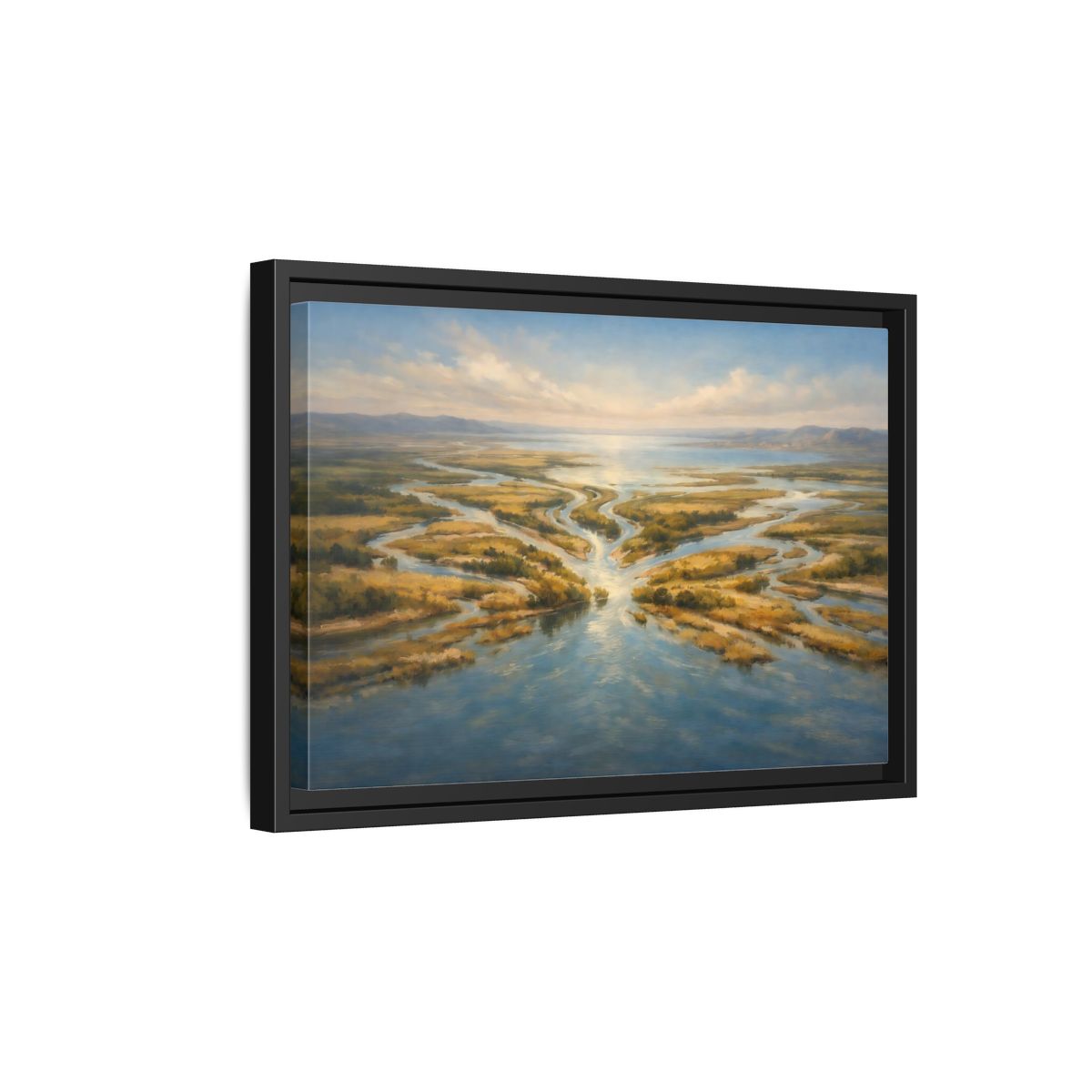 Side Mockup 6. Nature River Delta Blue And Gold shown as stretched canvas wall art