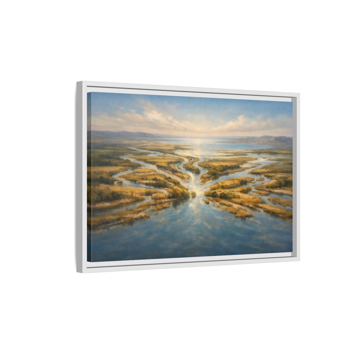 Side Mockup 1. Nature River Delta Blue And Gold shown as stretched canvas wall art