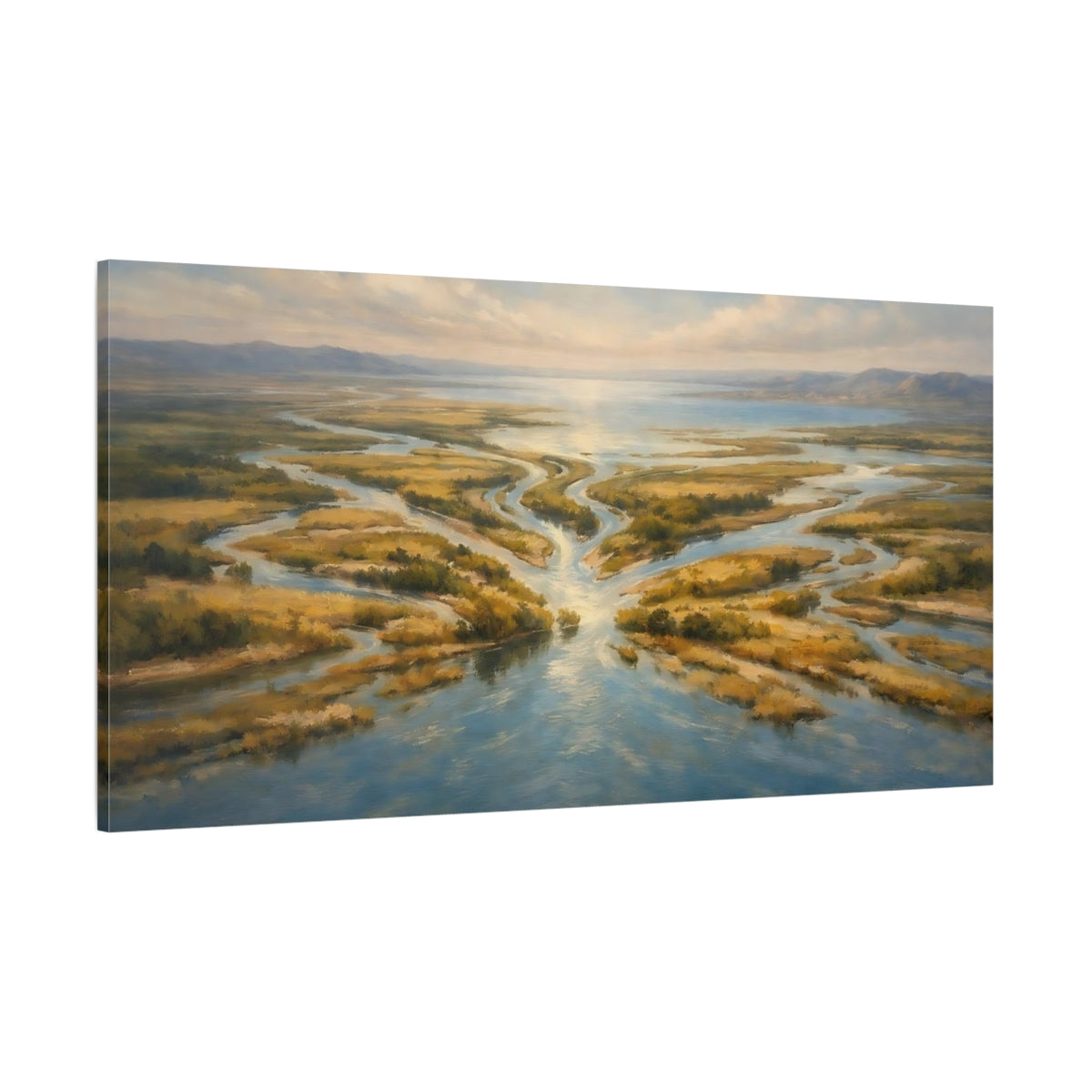 Main Mockup. Nature River Delta Blue And Gold River shown as stretched canvas wall art