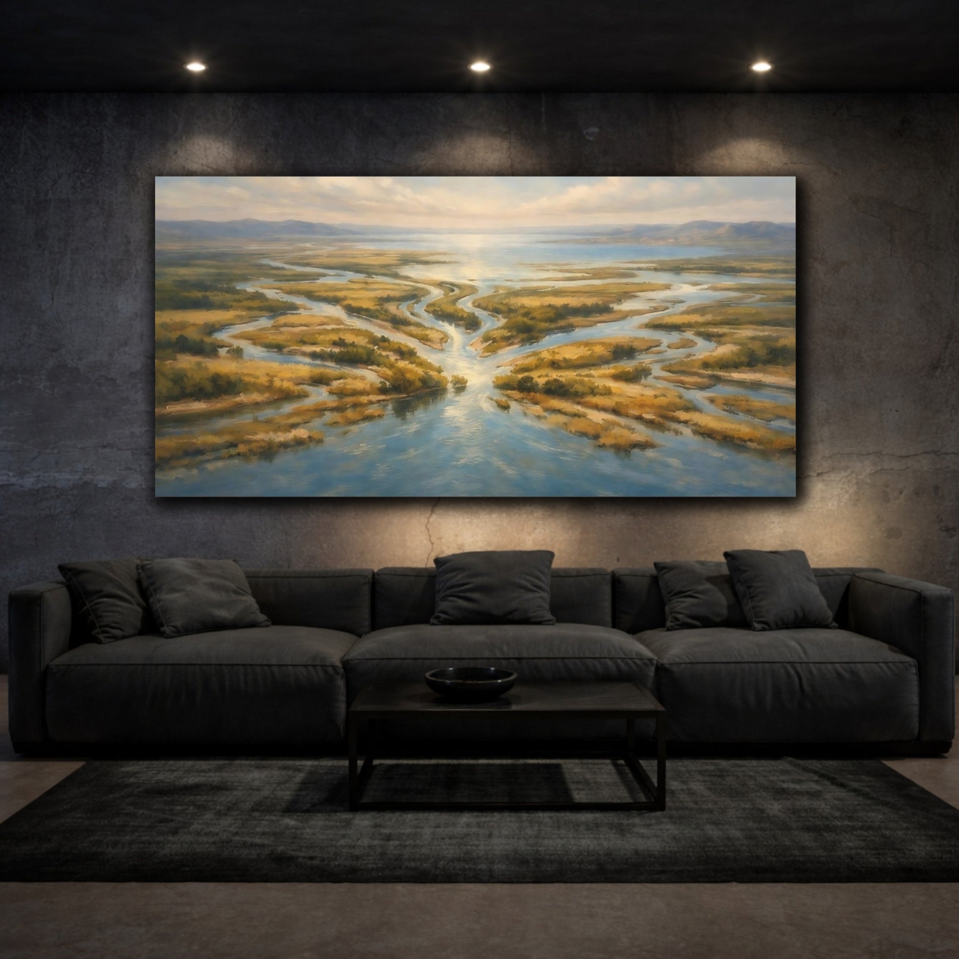 Mockup 2. Nature River Delta Blue And Gold River shown as stretched canvas wall art