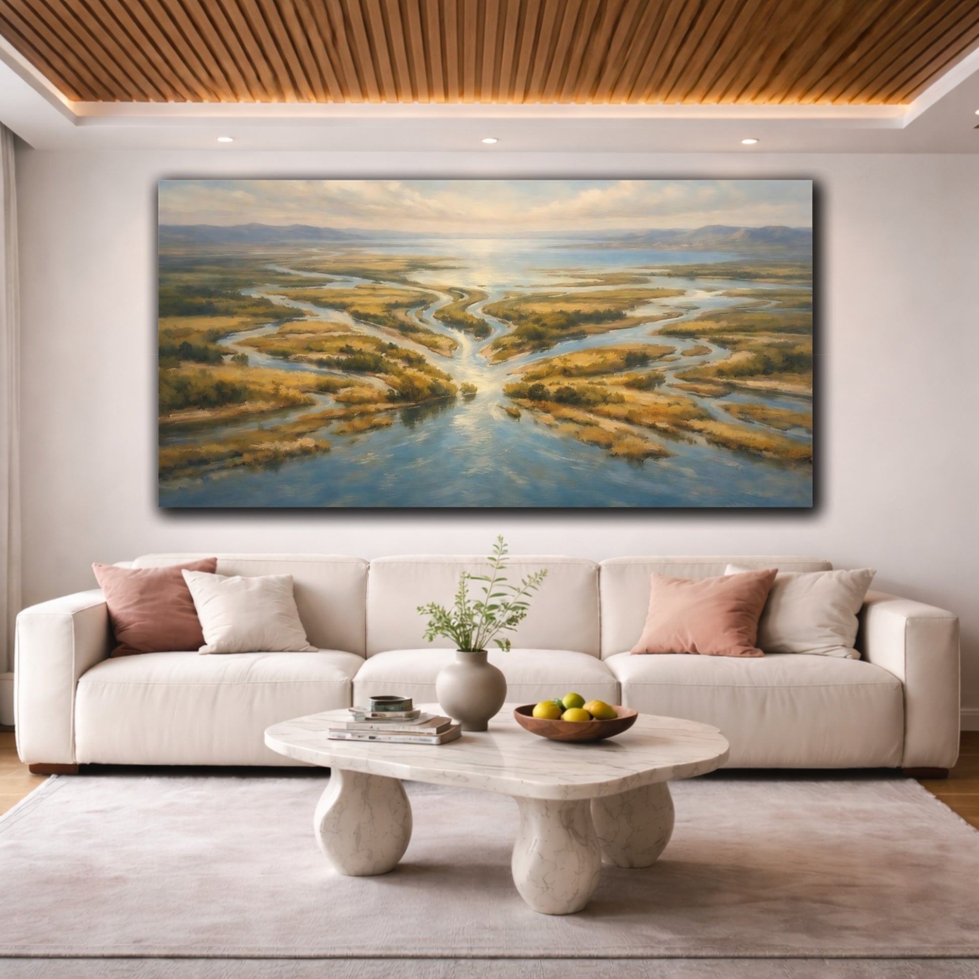 Mockup 3. Nature River Delta Blue And Gold River shown as stretched canvas wall art