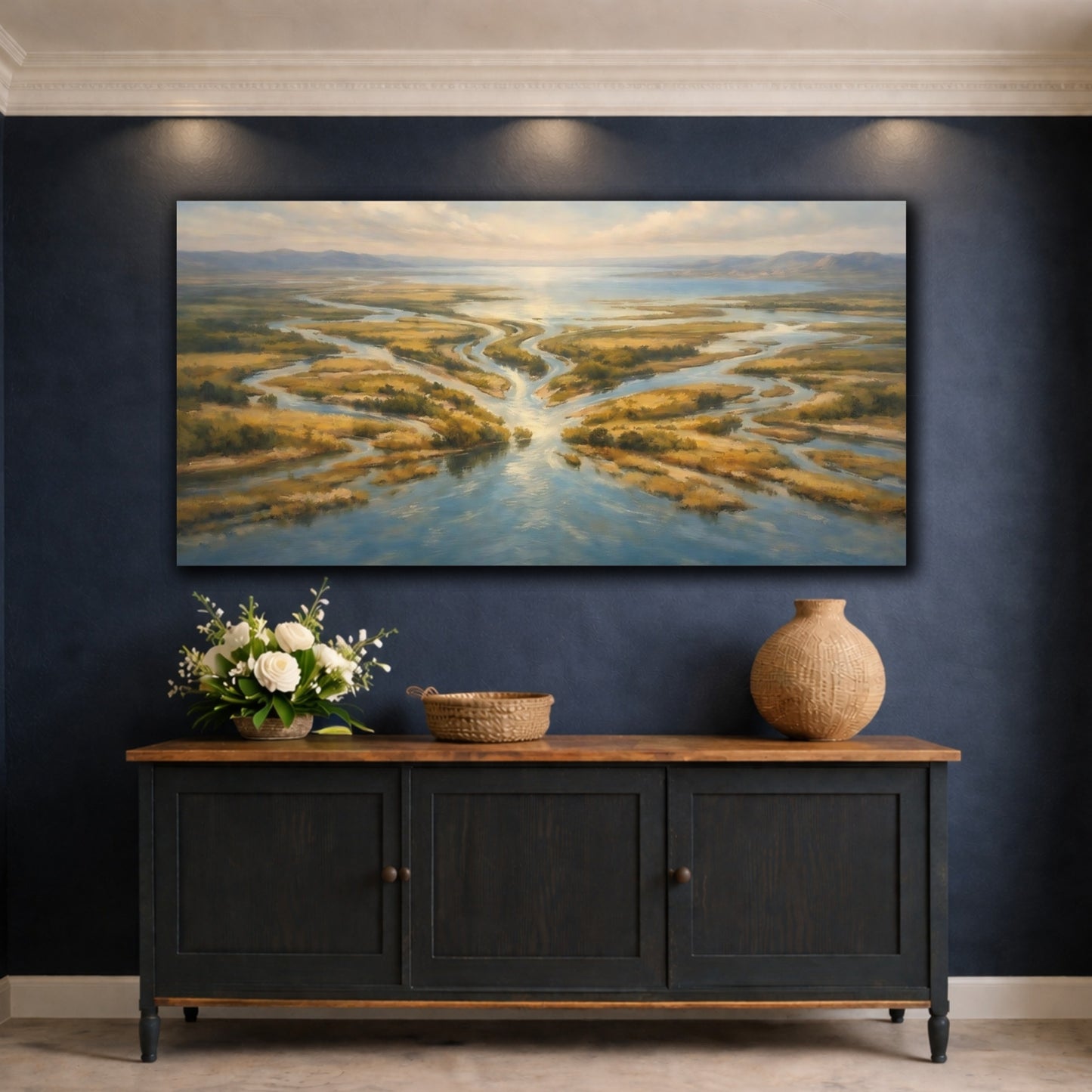 Mockup 4. Nature River Delta Blue And Gold River shown as stretched canvas wall art