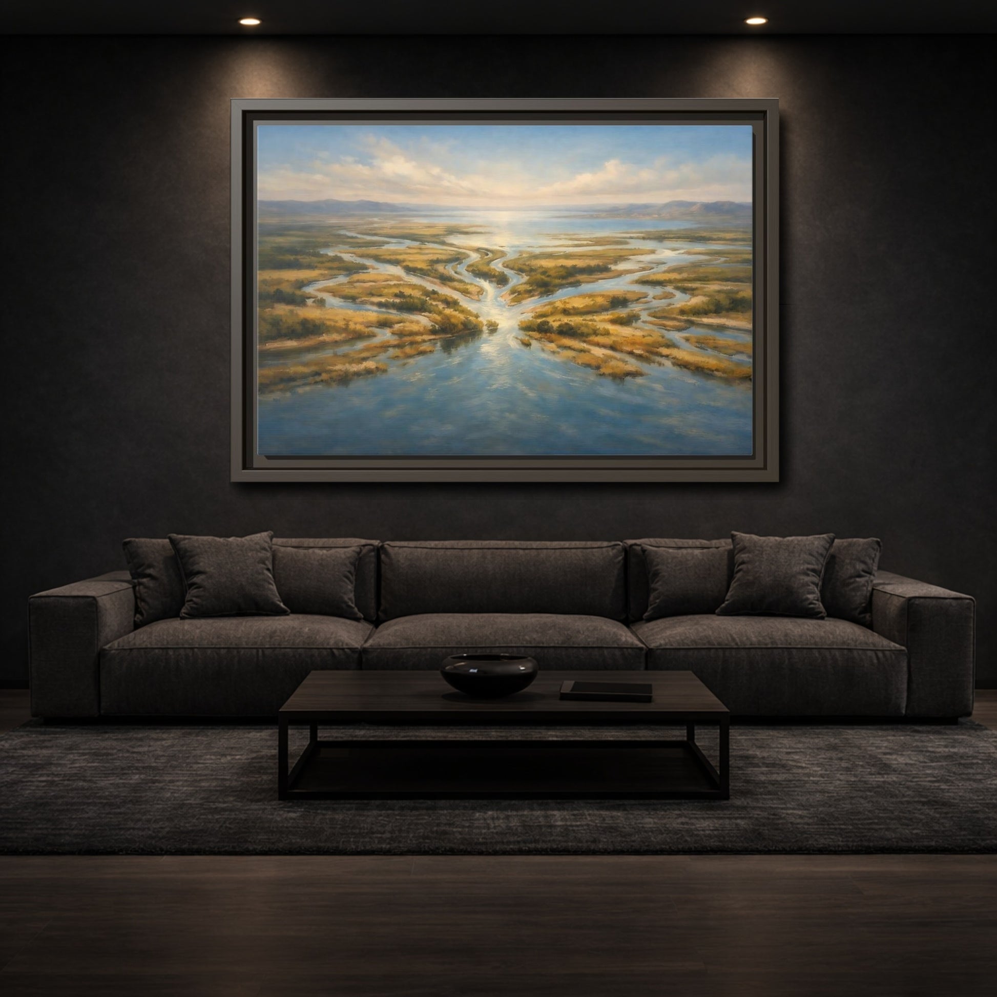 Mockup 2. Nature River Delta Blue And Gold shown as stretched canvas wall art