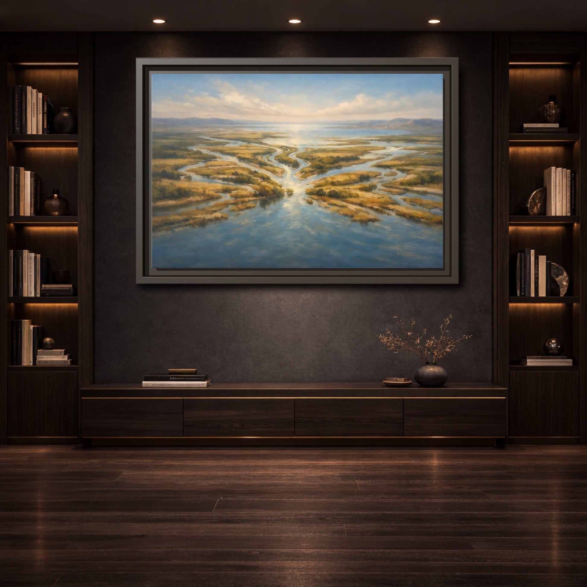 Mockup 3. Nature River Delta Blue And Gold shown as stretched canvas wall art