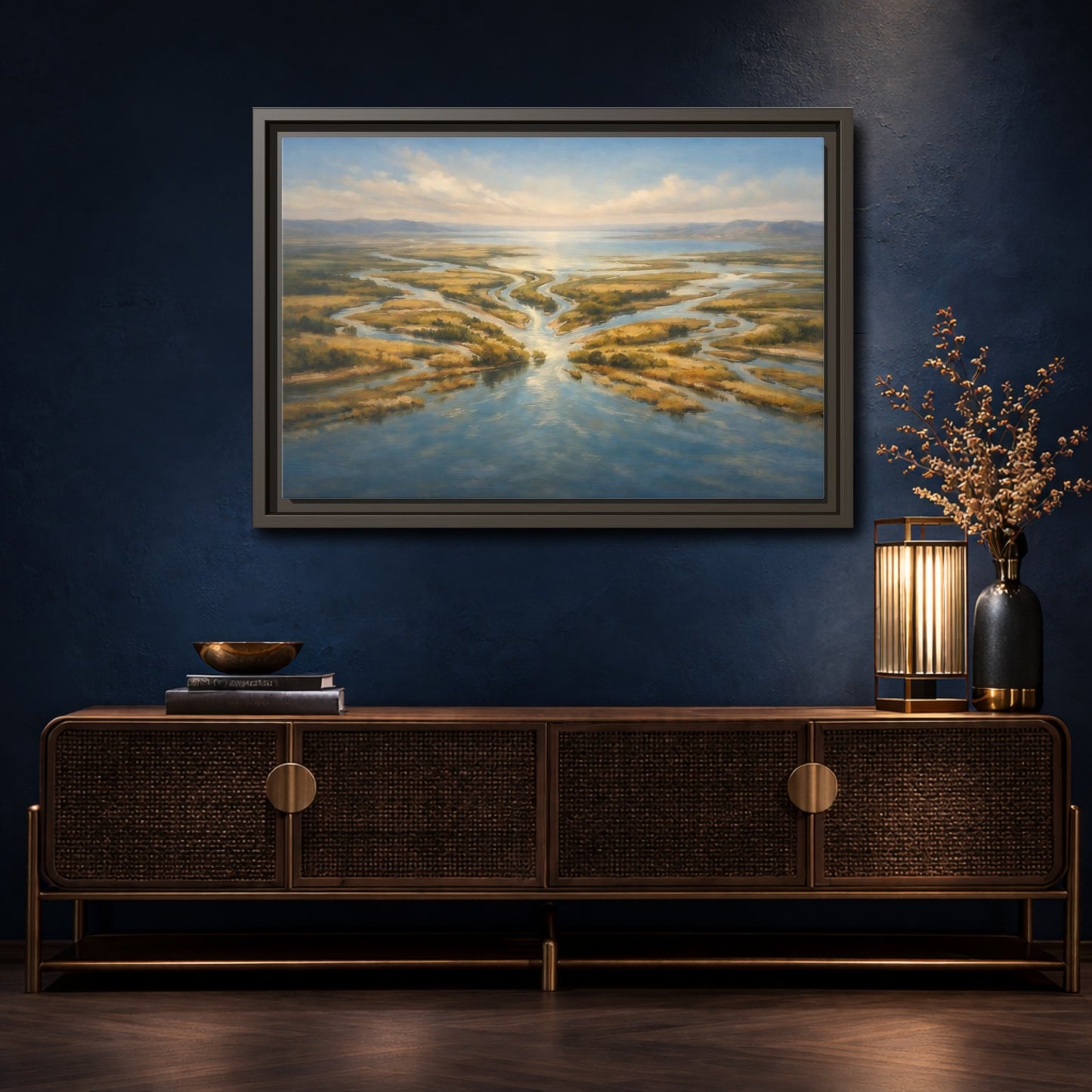 Mockup 4. Nature River Delta Blue And Gold shown as stretched canvas wall art