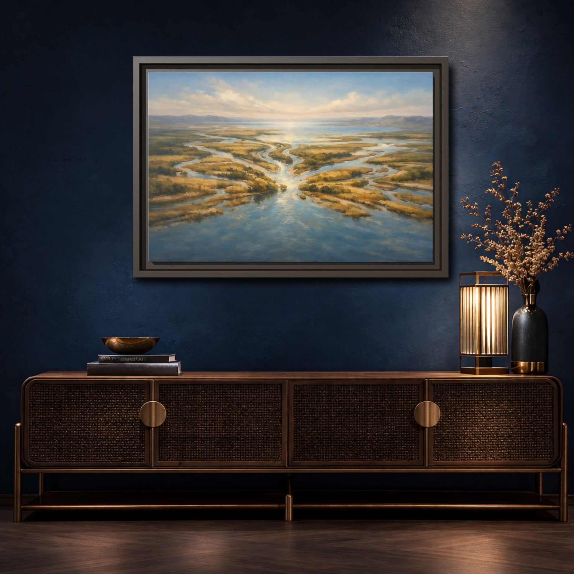 Mockup 4. Nature River Delta Blue And Gold shown as stretched canvas wall art