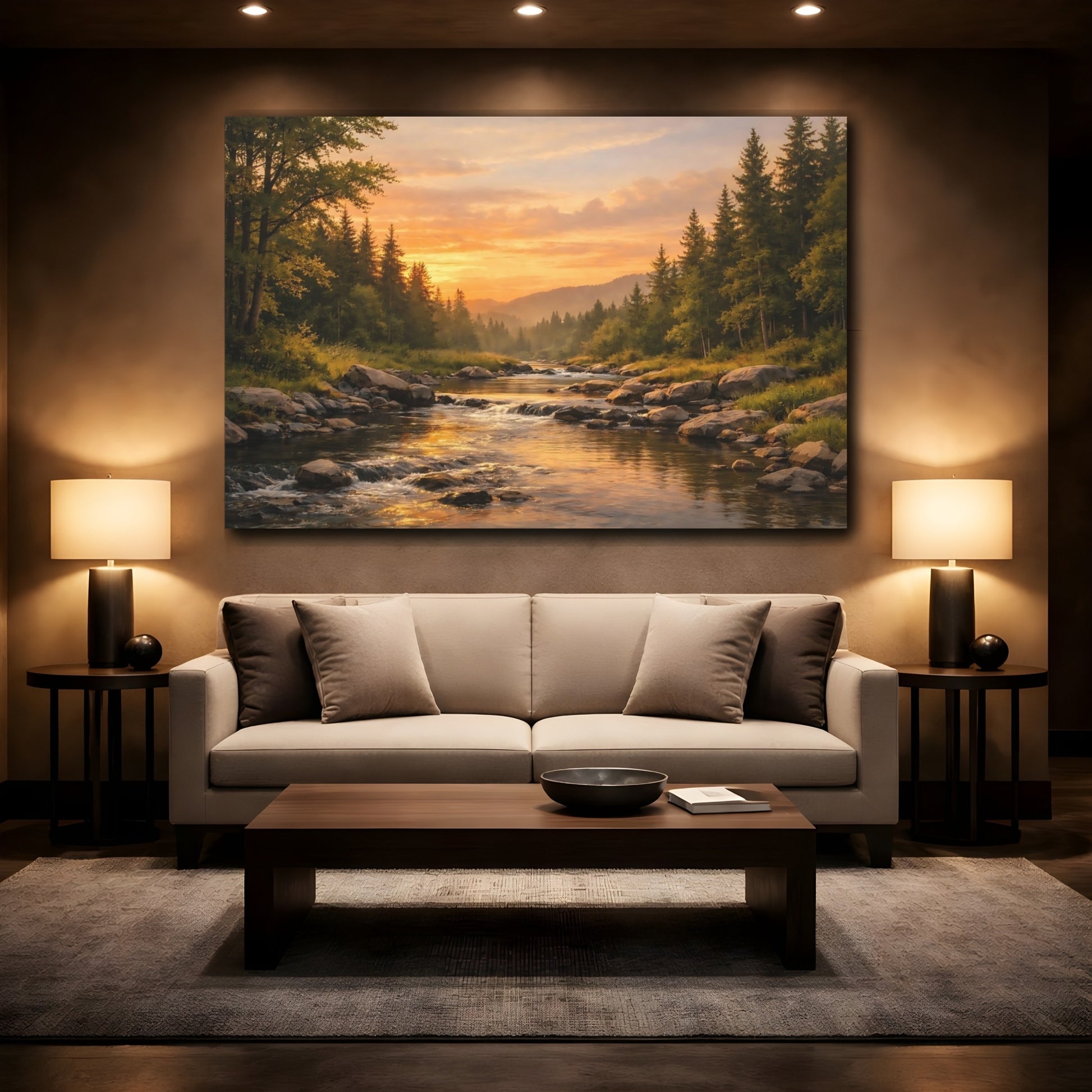 Mockup 2. Nature River Forest Golden River Sunset shown as stretched canvas wall art