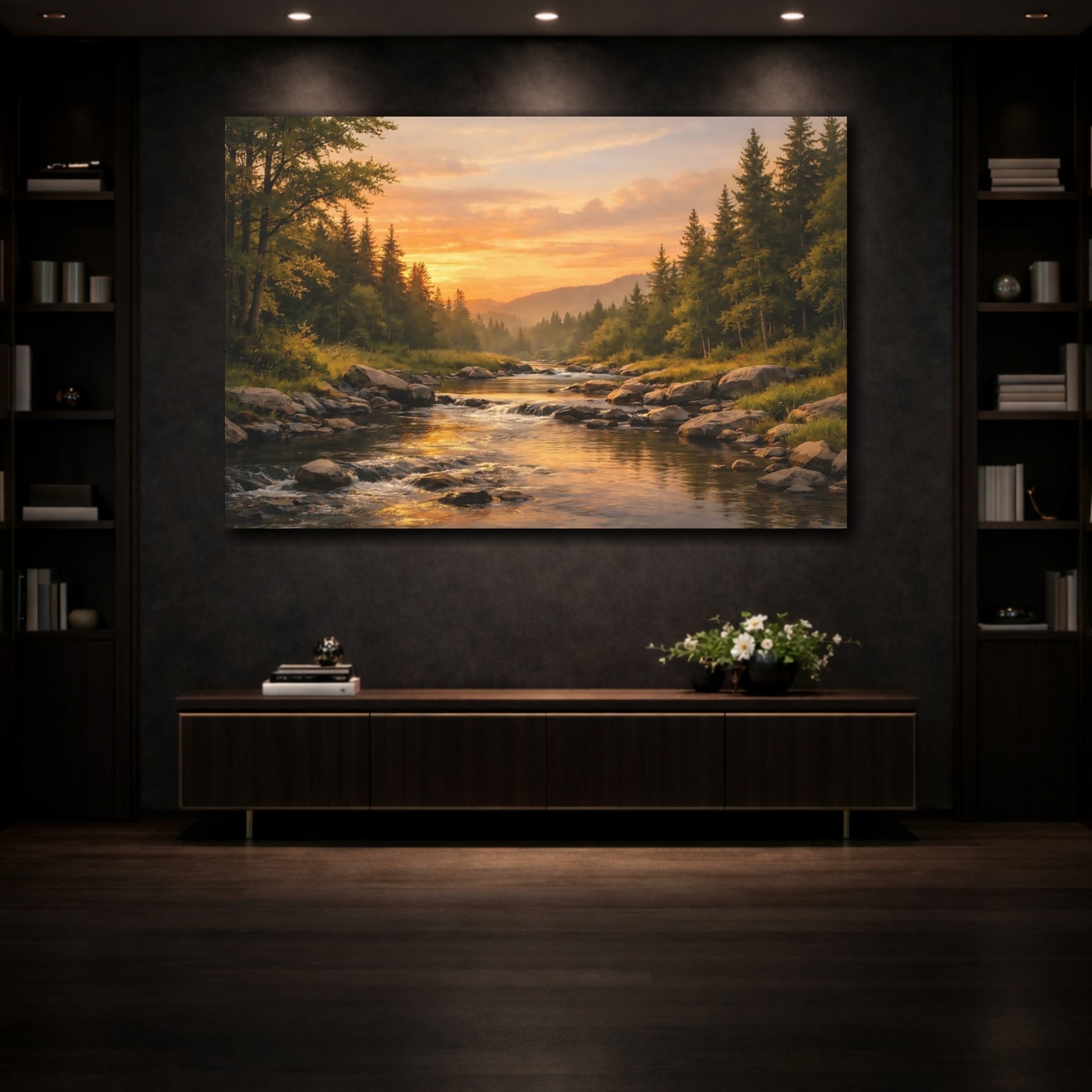 Mockup 3. Nature River Forest Golden River Sunset shown as stretched canvas wall art
