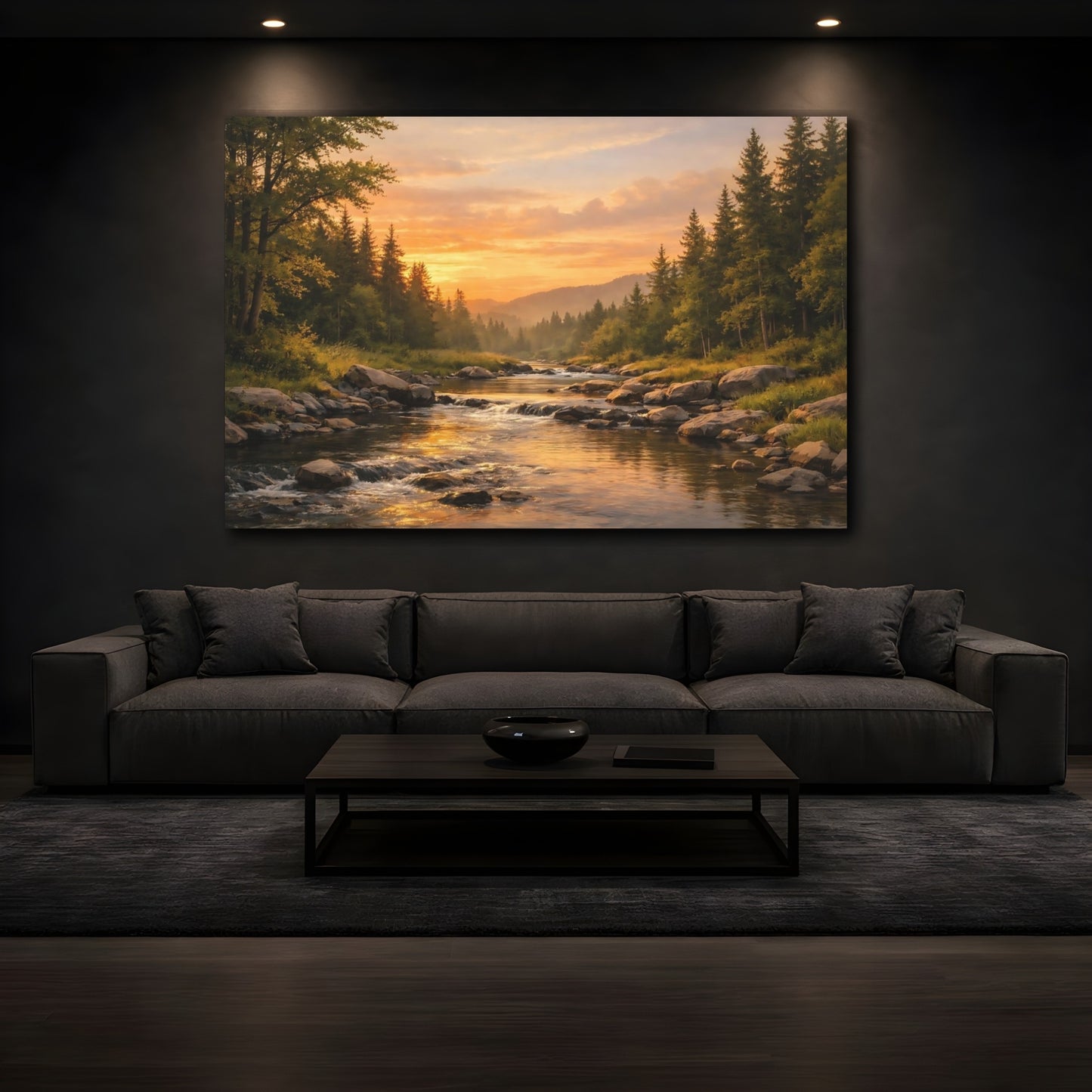 Mockup 4. Nature River Forest Golden River Sunset shown as stretched canvas wall art