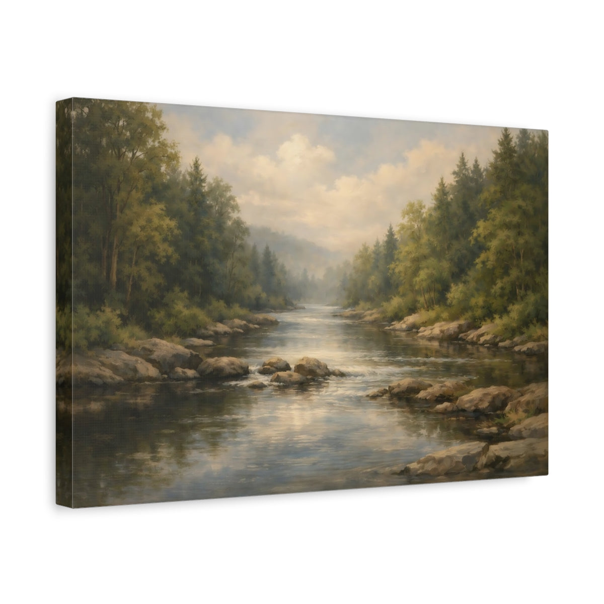 Side Mockup 4. Nature River Forest Green Forest River shown as stretched canvas wall art