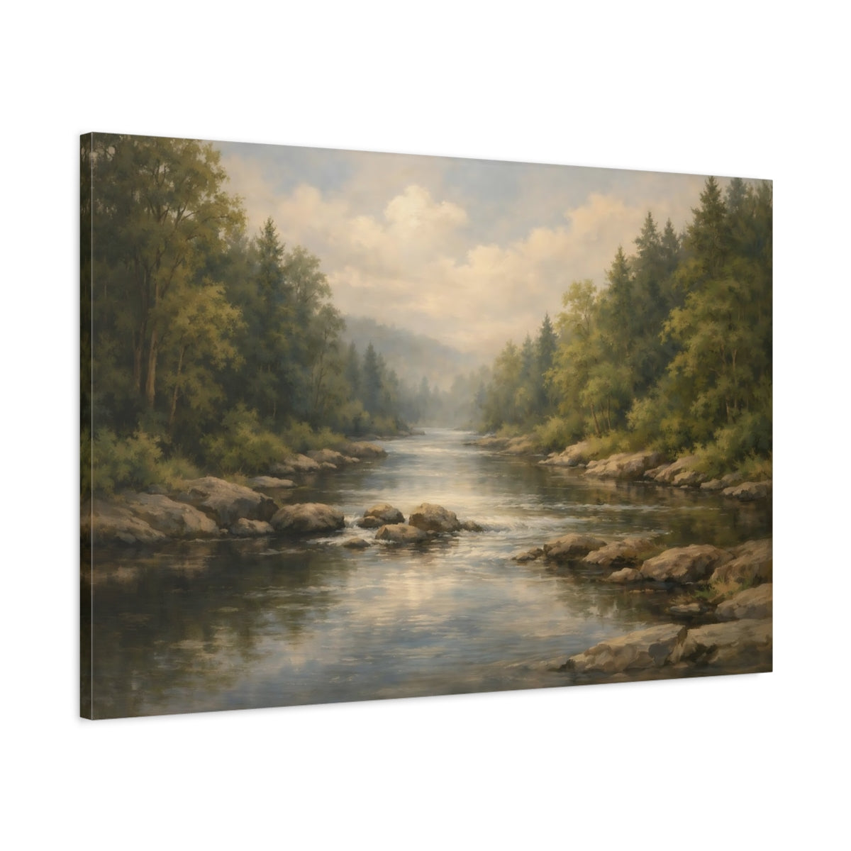 Side Mockup 1. Nature River Forest Green Forest River shown as stretched canvas wall art