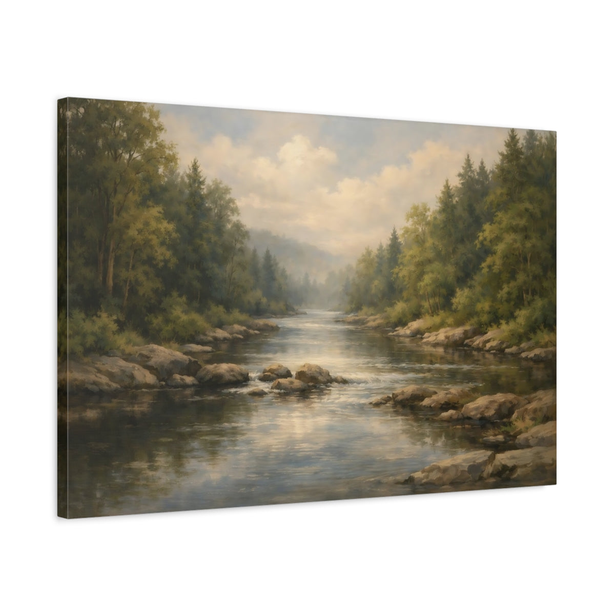 Side Mockup 2. Nature River Forest Green Forest River shown as stretched canvas wall art