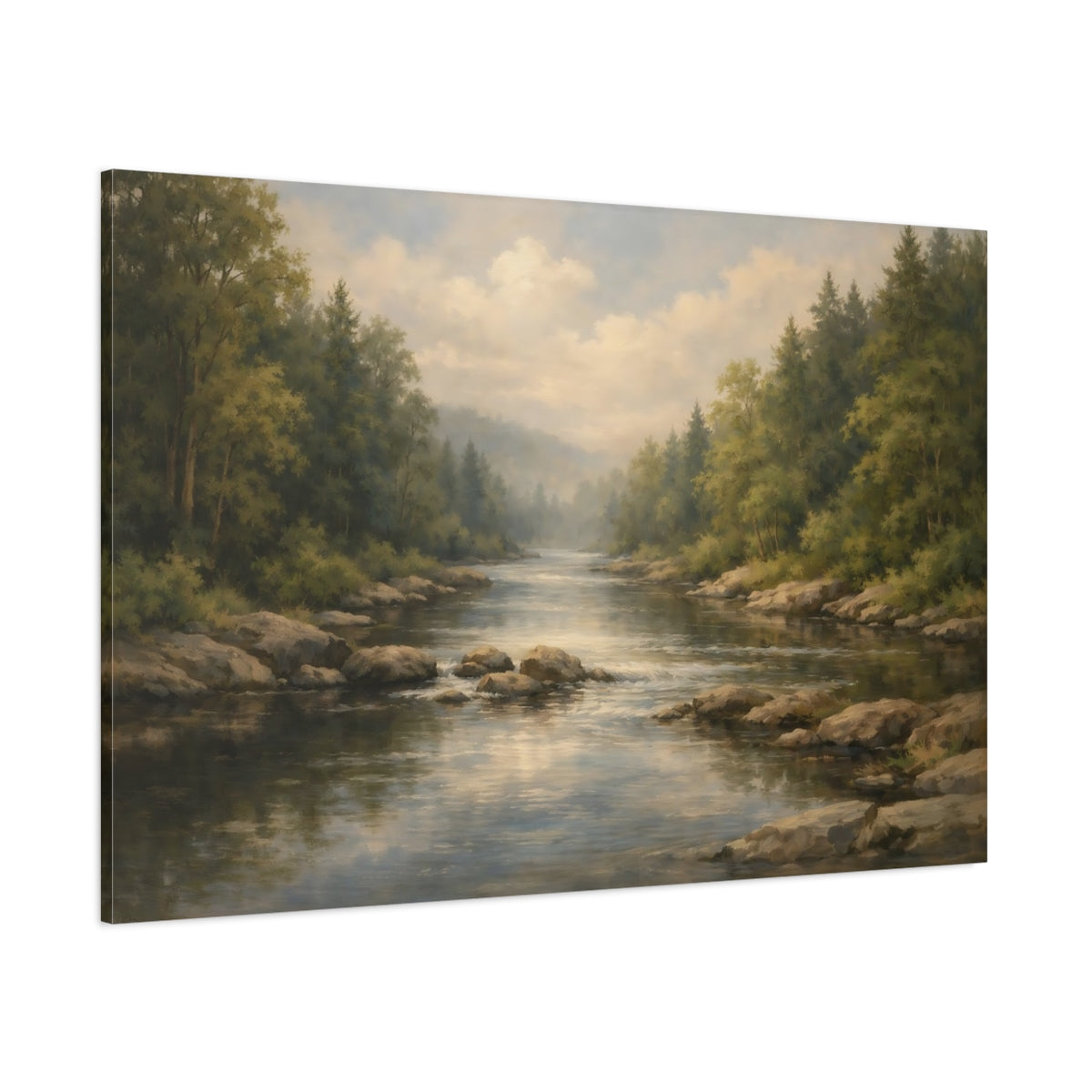 Main Mockup. Nature River Forest Green Forest River shown as stretched canvas wall art