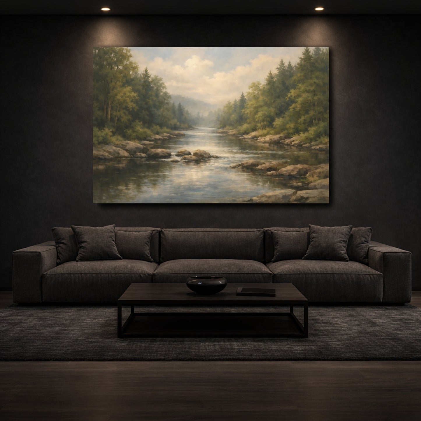 Mockup 2. Nature River Forest Green Forest River shown as stretched canvas wall art