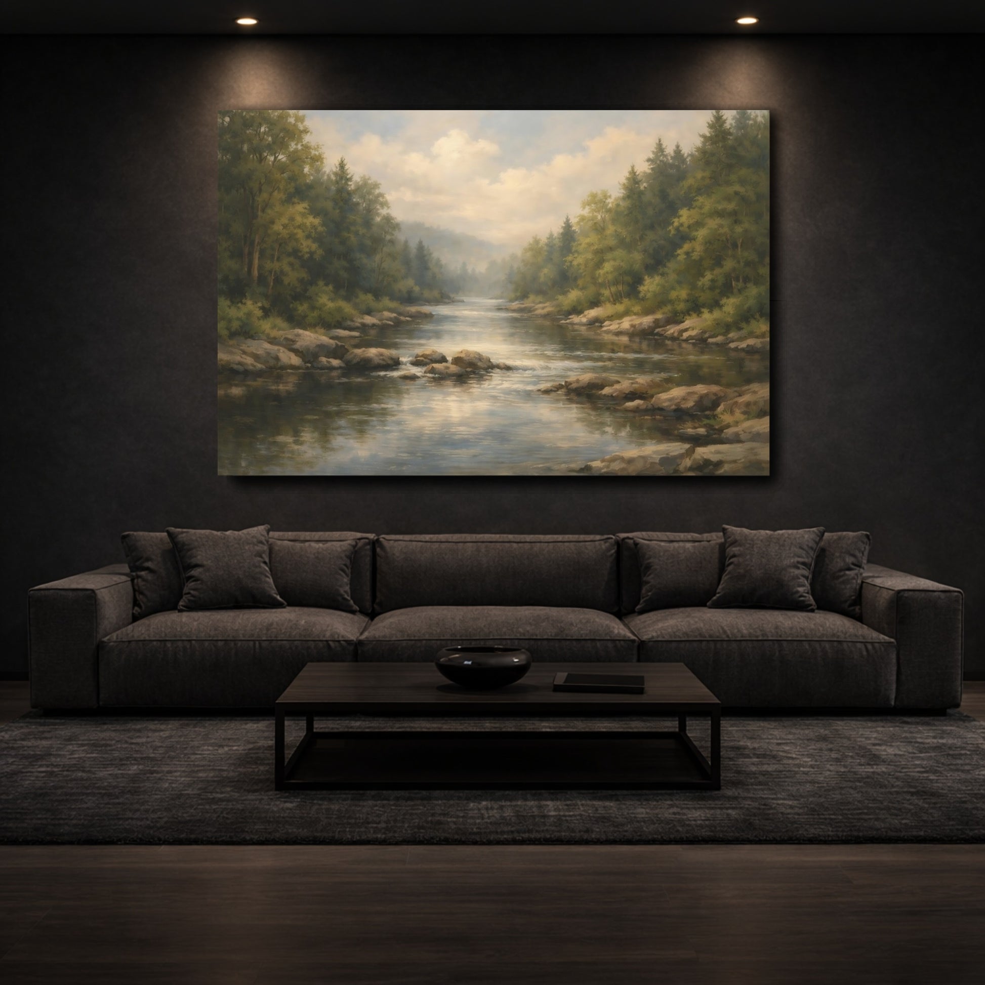 Mockup 2. Nature River Forest Green Forest River shown as stretched canvas wall art