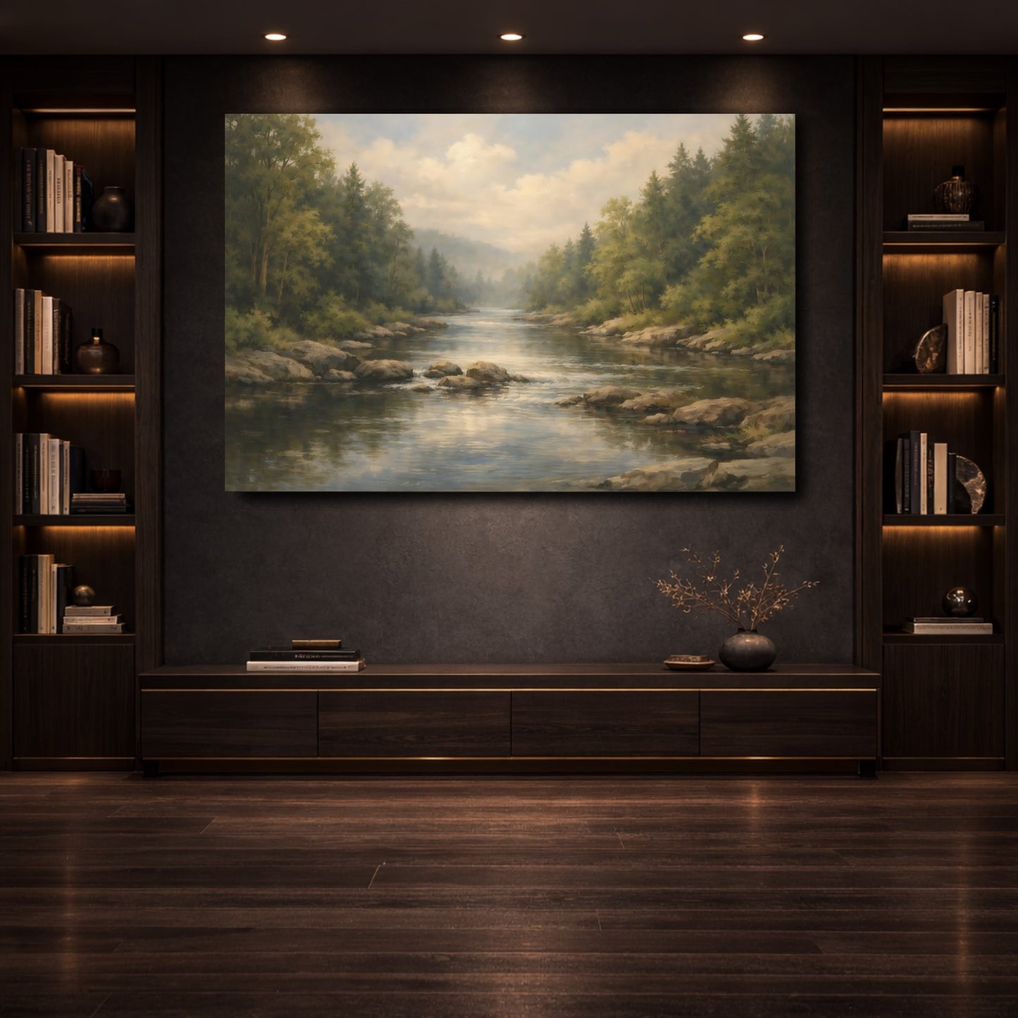 Mockup 3. Nature River Forest Green Forest River shown as stretched canvas wall art