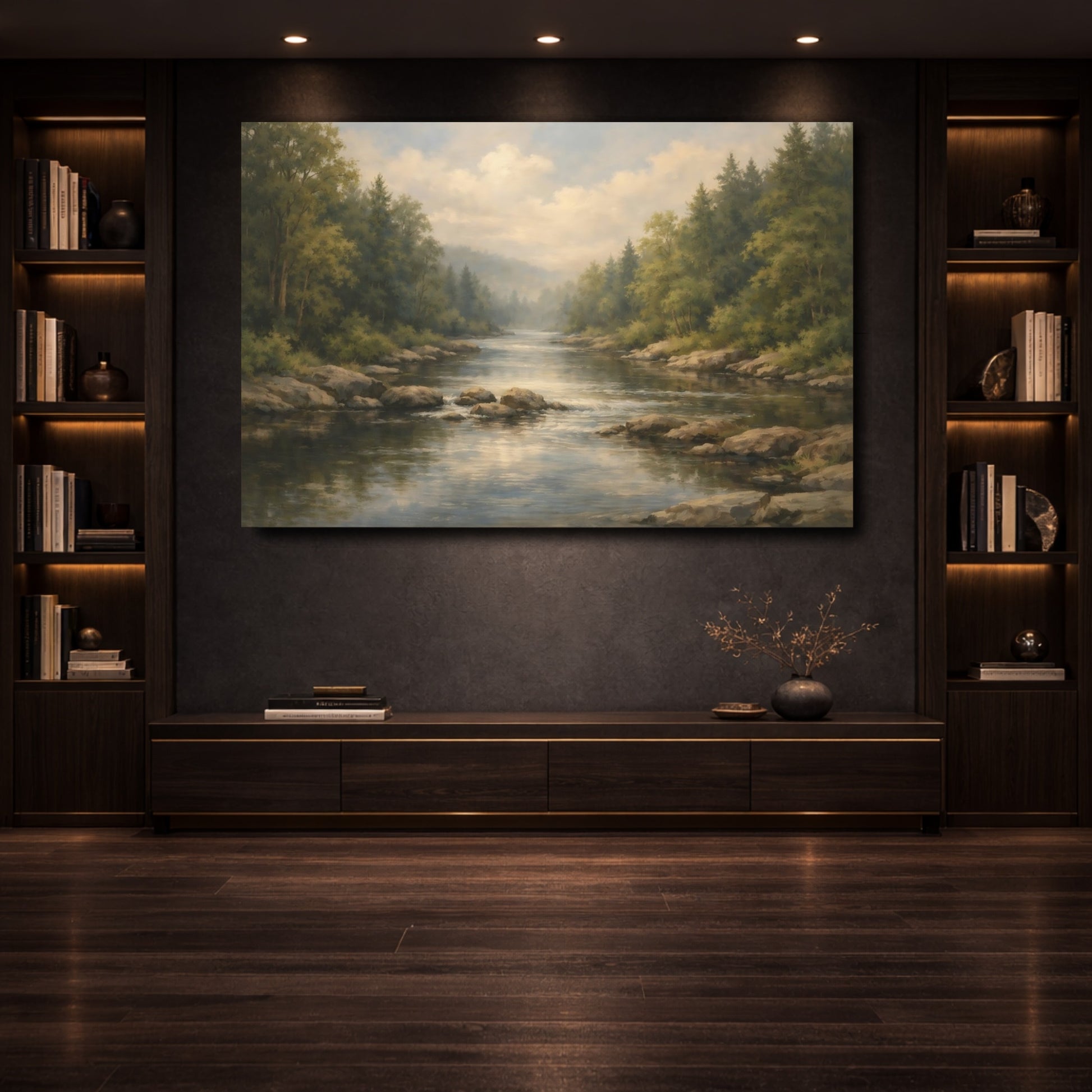 Mockup 3. Nature River Forest Green Forest River shown as stretched canvas wall art