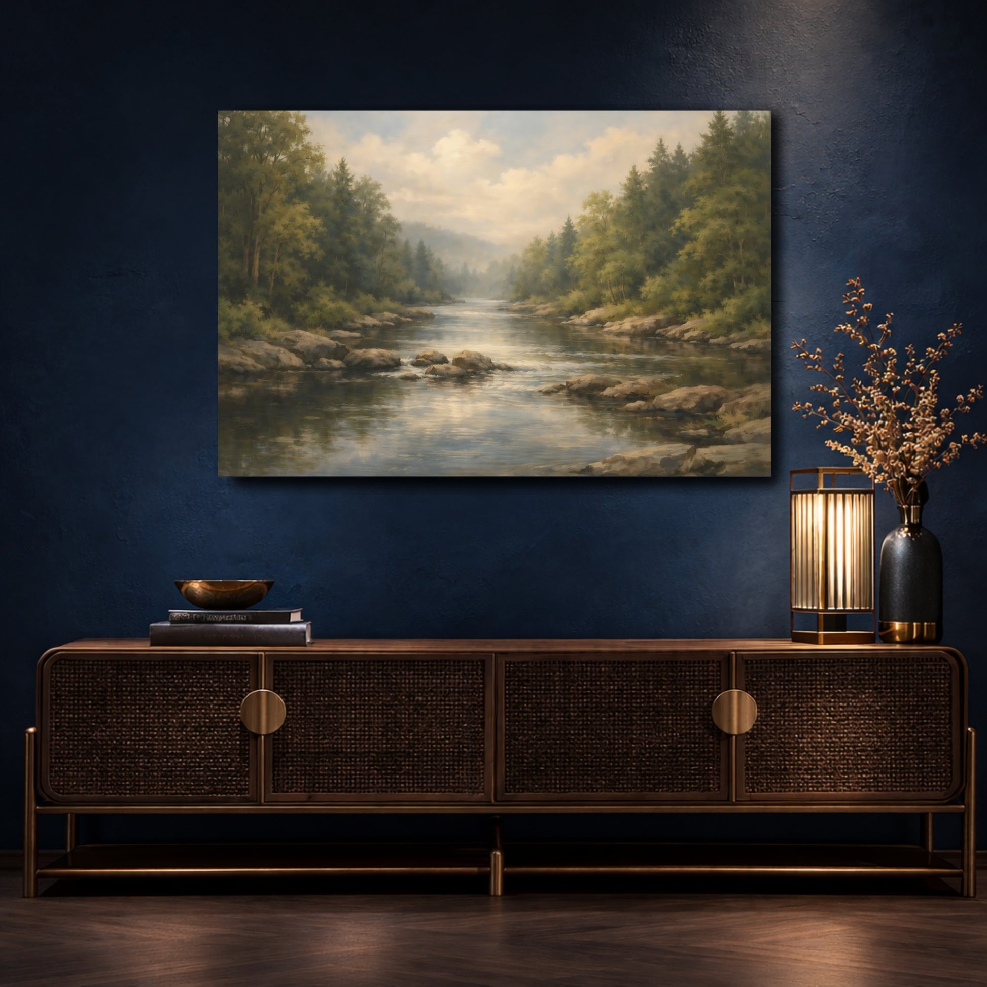 Mockup 4. Nature River Forest Green Forest River shown as stretched canvas wall art