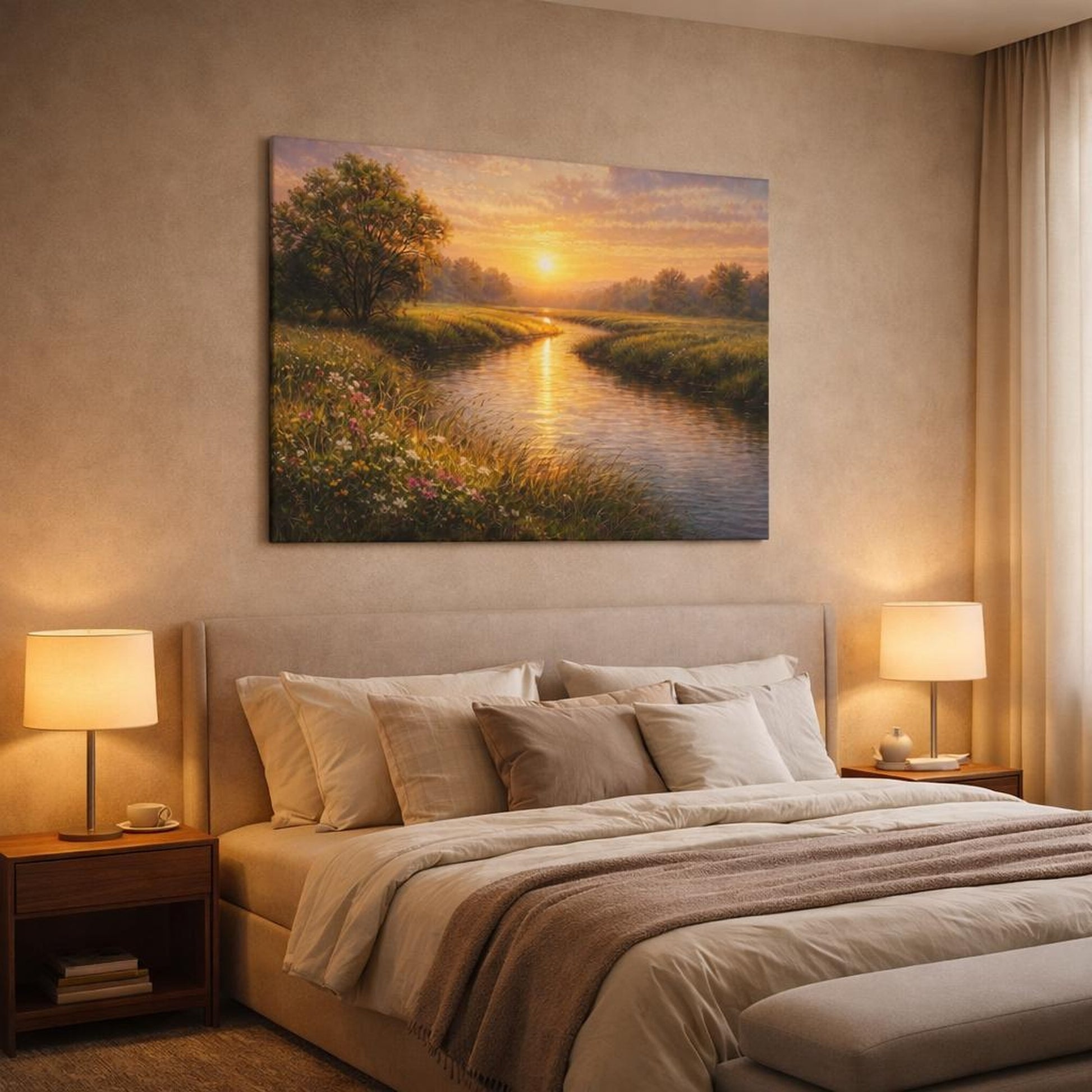 Nature River Golden Sunset Landscape shown as canvas wall art in a luxury bedroom