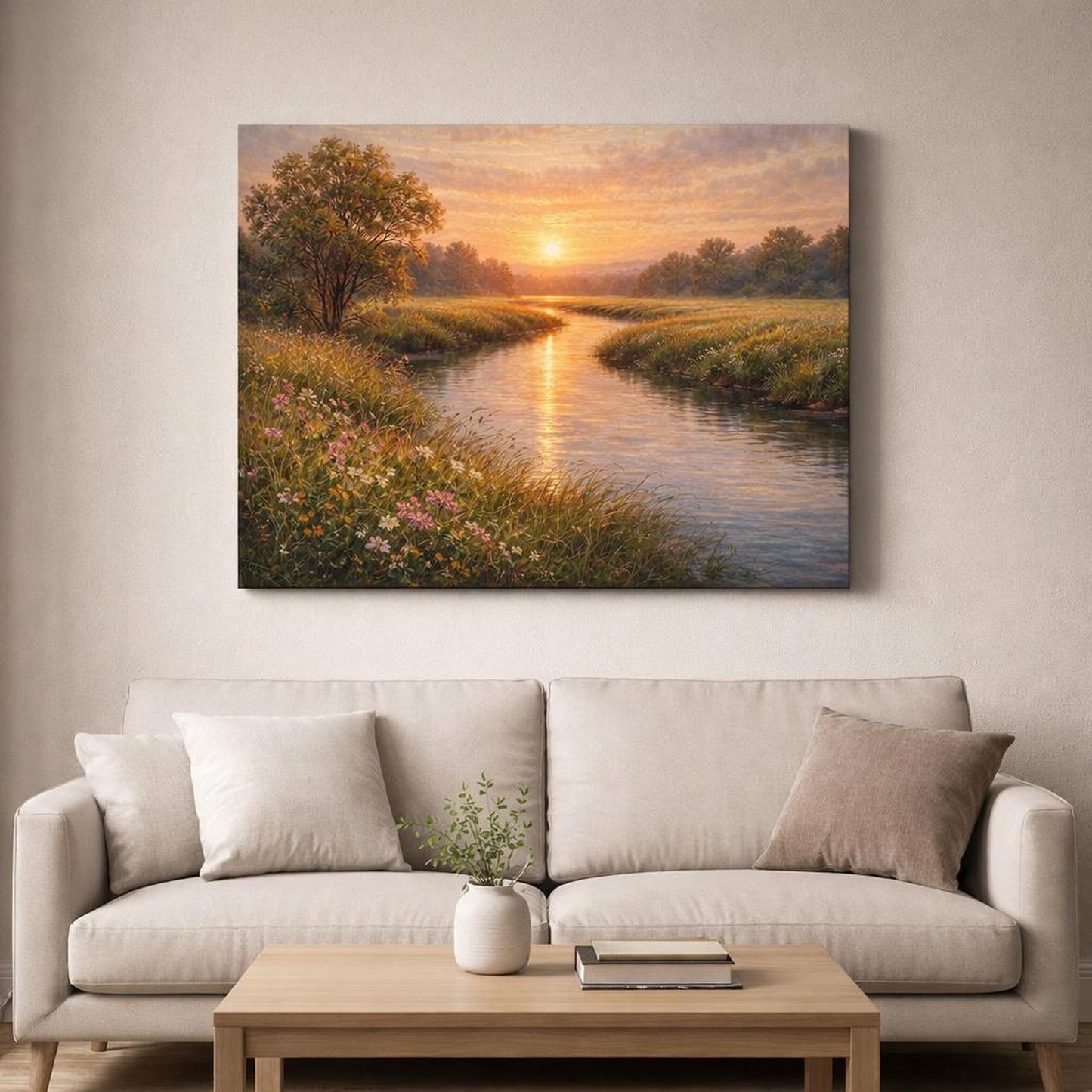 Nature River Golden Sunset Landscape shown as canvas wall art in a sophisticated contemporary living space